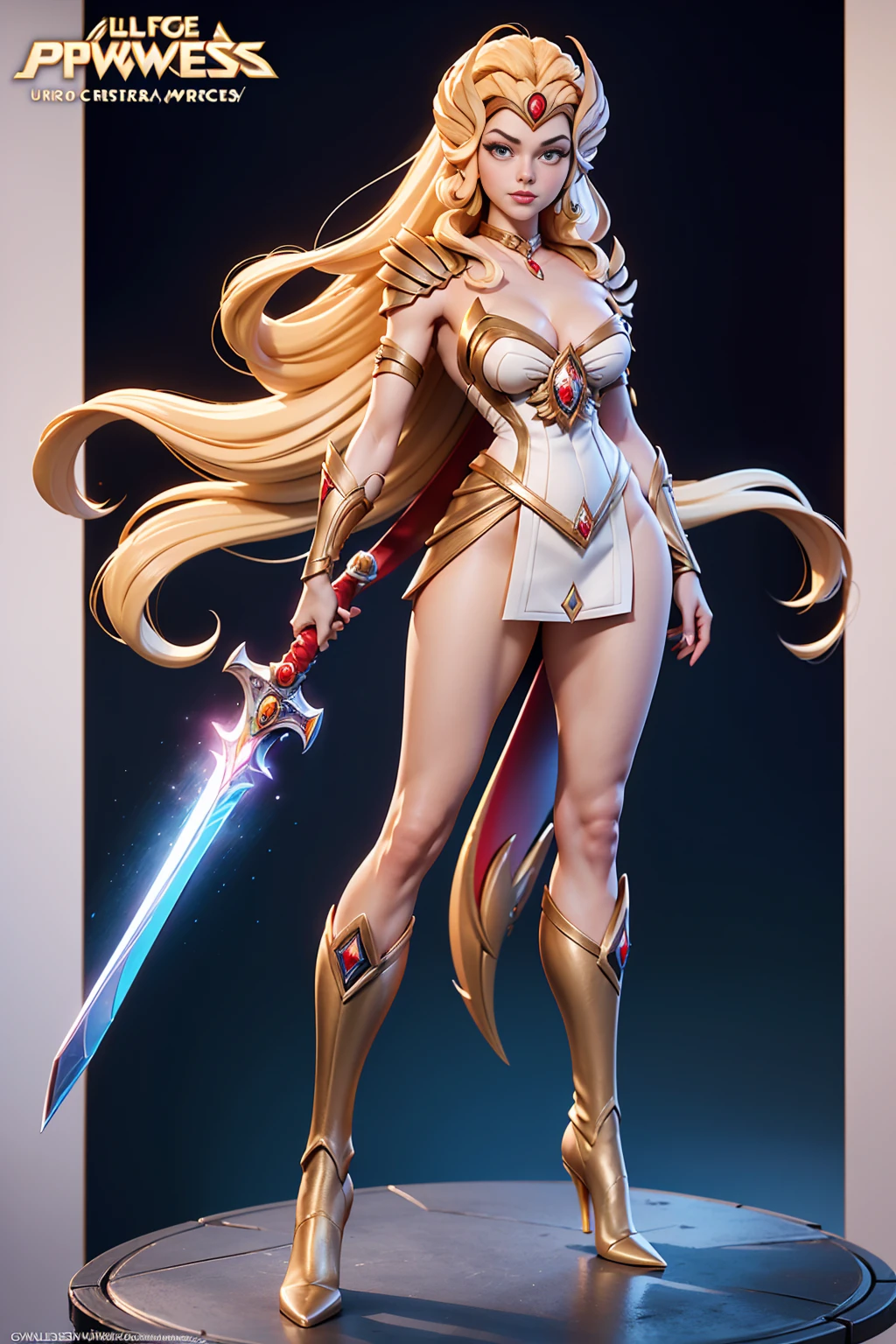 ((Full body photo,standing, feet on the ground)) Masterpiece, Ultra Detailed, Hard Drive, 8K, Photorealistic, 3dmm, !(a costumed woman holding a sword, She - RA, She-Ra, Powerful Girl, The Princess of Power, by Alan Davis, Intergalactic Princess, boots, Perfect Body , beautiful leaked image, giovanna day)
