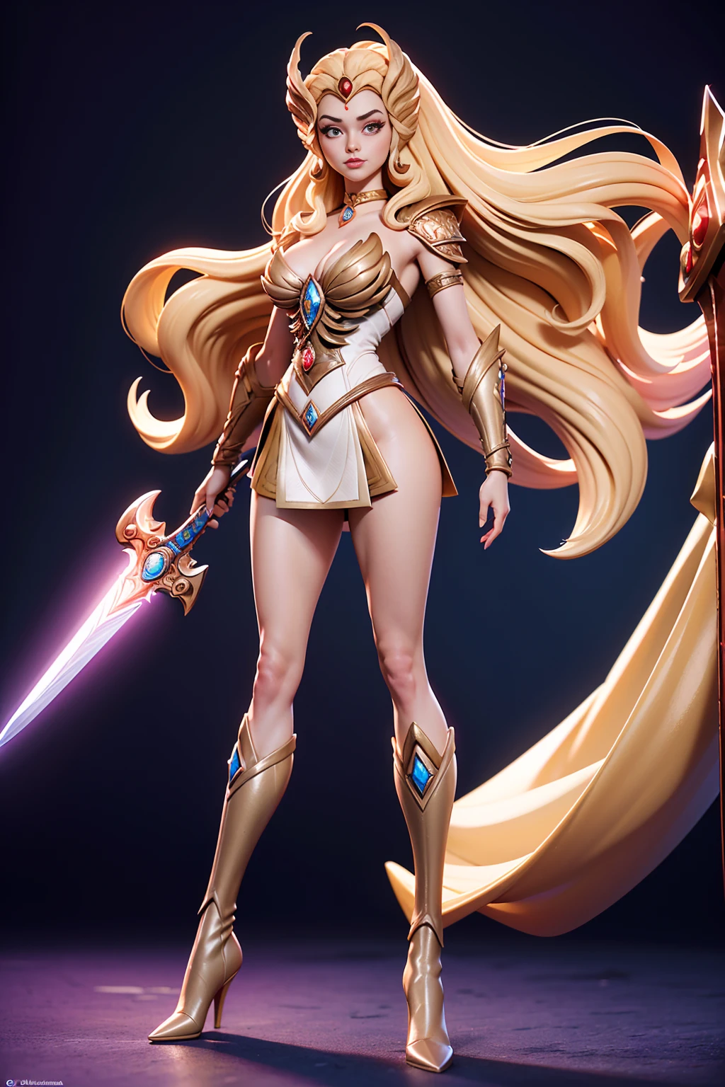 ((Full body photo,standing, feet on the ground)) Masterpiece, Ultra Detailed, Hard Drive, 8K, Photorealistic, 3dmm, !(a costumed woman holding a sword, She - RA, She-Ra, Powerful Girl, The Princess of Power, by Alan Davis, Intergalactic Princess, boots, Perfect Body , beautiful leaked image, giovanna day)