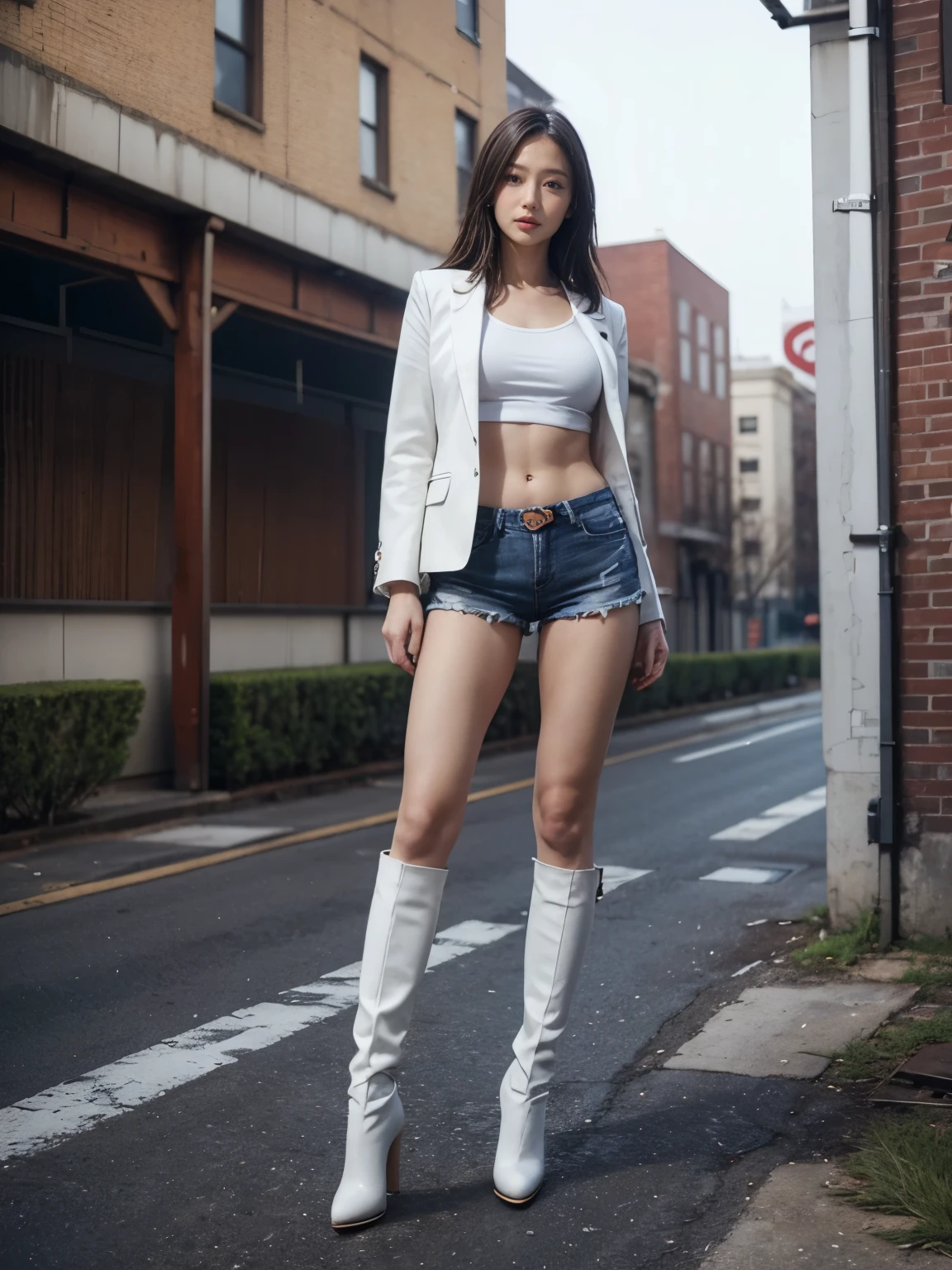 masterpiece,highest quality,High resolution,Full Body View,White jacket,Red innerwear,Belly button,Belted denim mini shorts,The heroine in white long boots with high heels,Perfect Legs,Perfect Skin,Perfect Arms,Abdominal muscles,The background is an abandoned factory