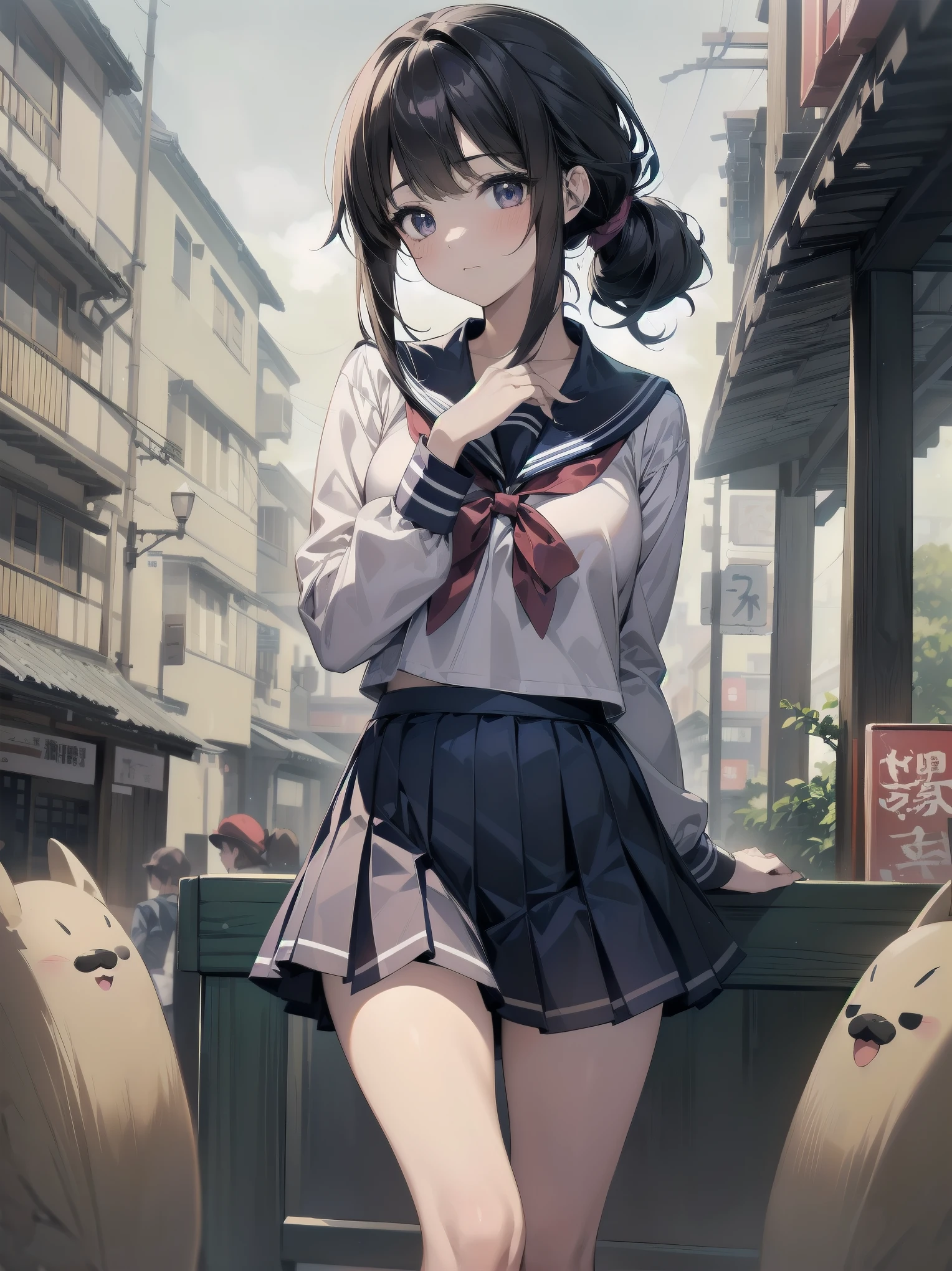 Masterpiece, illustration, super detailed, kawaii, one girl, 独奏, slender 14 year old, Japanese girl, chou chou, ribbon, nape of neck, low ponytail, cute pose in Less revealing attire, (Sailor uniform from Girls' Saint Academy, navy blue, white with 3 lines on collar), priss skirt, white socks, loafers, , Long Sleeves, White innerwear for sailor suit, living room, cowgirl shot, sfw, dynamic angle、Close-up on the characters、(building, city、A dense fog of fluorescent particles、1800Era、Japanese Style、Fiction、grow、Overwhelming、Detailed street)、A beautiful girl with a beautiful background and a super cute pose