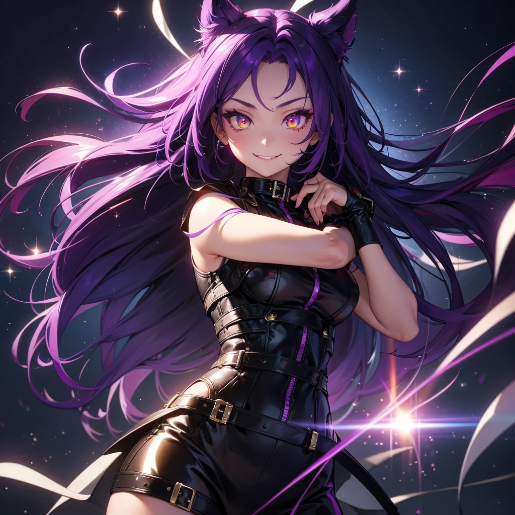 purple hair, colored inner hair, medium hair, shiny hair, yellow eyes, ringed eyes, longeyelashes, evil smile, fingersmile, seductive smile, naughty, happy, skin fang, raised eyebrow, Surrealism, Conceptual art, Surrealism, glowing light, sparkle, cinematic lighting, projected inset, cowboy shot, lens flare, 8k, super detail, UHD, masterpiece, accurate, accurate, textured skin, textured skin, high details, high quality, award winning, best quality, highres