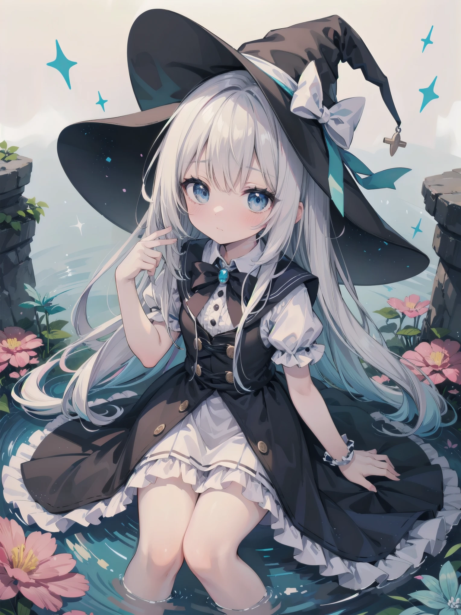 🎶, (🧙♀️), ✡, ✨(black hat), , Alice in Wonderland, Alone, very beautiful, cute, adorable, embarrassed, alone, blue eyes, white skin、look at viewer、looking up,kawaiitech, pastel colors, kawaii, cute colors,Alice in Wonderland, alone, very beautiful, cute, adorable, embarrassed, alone, blue eyes, white skin,skirtlift