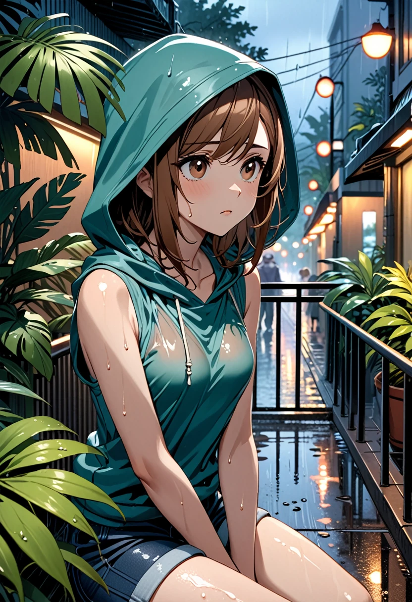 【Highest Quality, masutepiece】 [young woman, expressioness,deep brown eyes, looking up, front facing,swept bangs, very loving brown hair, teal knit cloth, jean shorts, sleeveless teal hoodie, hood up, stoic, sitting on railing, Upper body] (Gloomy background:1.2),small breasts ,street at dusk, rain, puddles, tropical plants, trees, people in background, wet skin, wet clothes