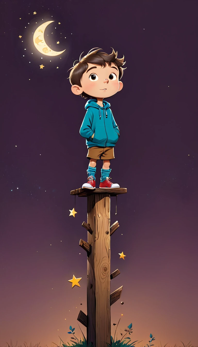 Ewa Poklewska-Koziełło，Cartoon graffiti ，Little boy standing on wooden stake，Stars and crescents，Fear of heights，whole body, Solid color background
