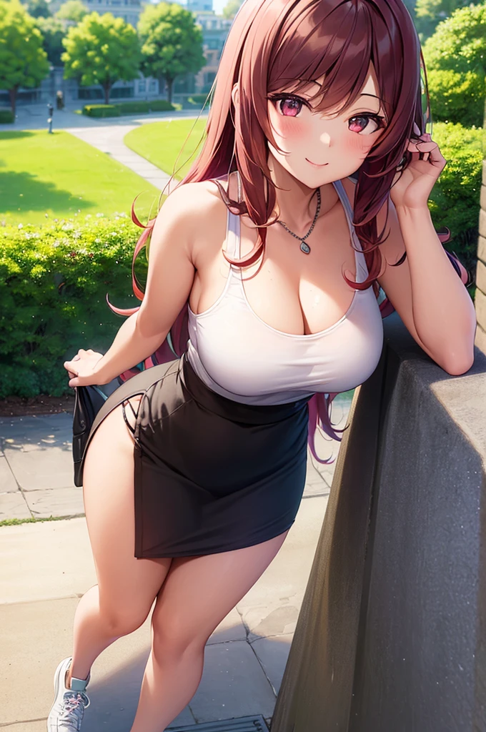 ((masterpiece, best quality, ultra-detailed)), 1girl, beautiful woman in park, smiling, blush, wearing pink tank top, loose tank top, necklace, black midi pencil skirt, long black skirt, sneakers, full body, wavy red hair, wide hips, summer garden, park