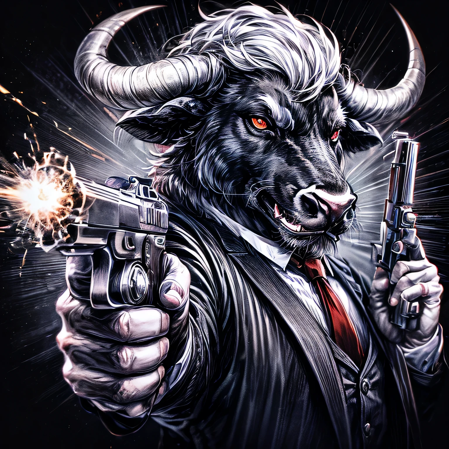 {worst quality, low quality}, close-up, A dynamic illustration of a mafia black bull with a white mane on his head firing two pistols, the bull's eyes are red, and realistic illustration, perfect hands, (((perfect fingers))), muste piece, best quality, Super detailed, masterpiece,