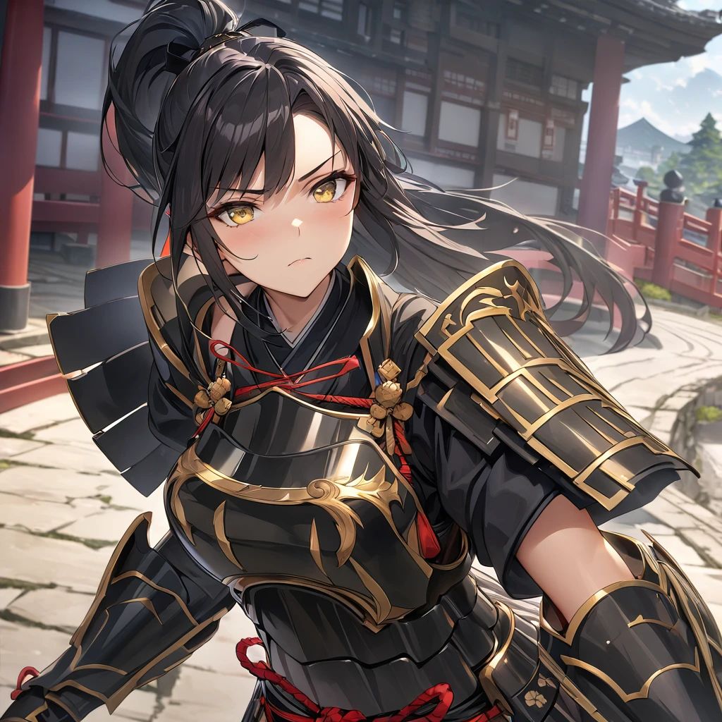 A woman wearing black heavy samurai armor with gold details, black hair, ponytail hair, yellow eyes, serious face, on an ancient Japanese road, Japanese palace in the background with sakura trees around, HDR, ultra resolution, very detailed, masterpiece, ultra quality, 4K HD. (solo, just one woman)