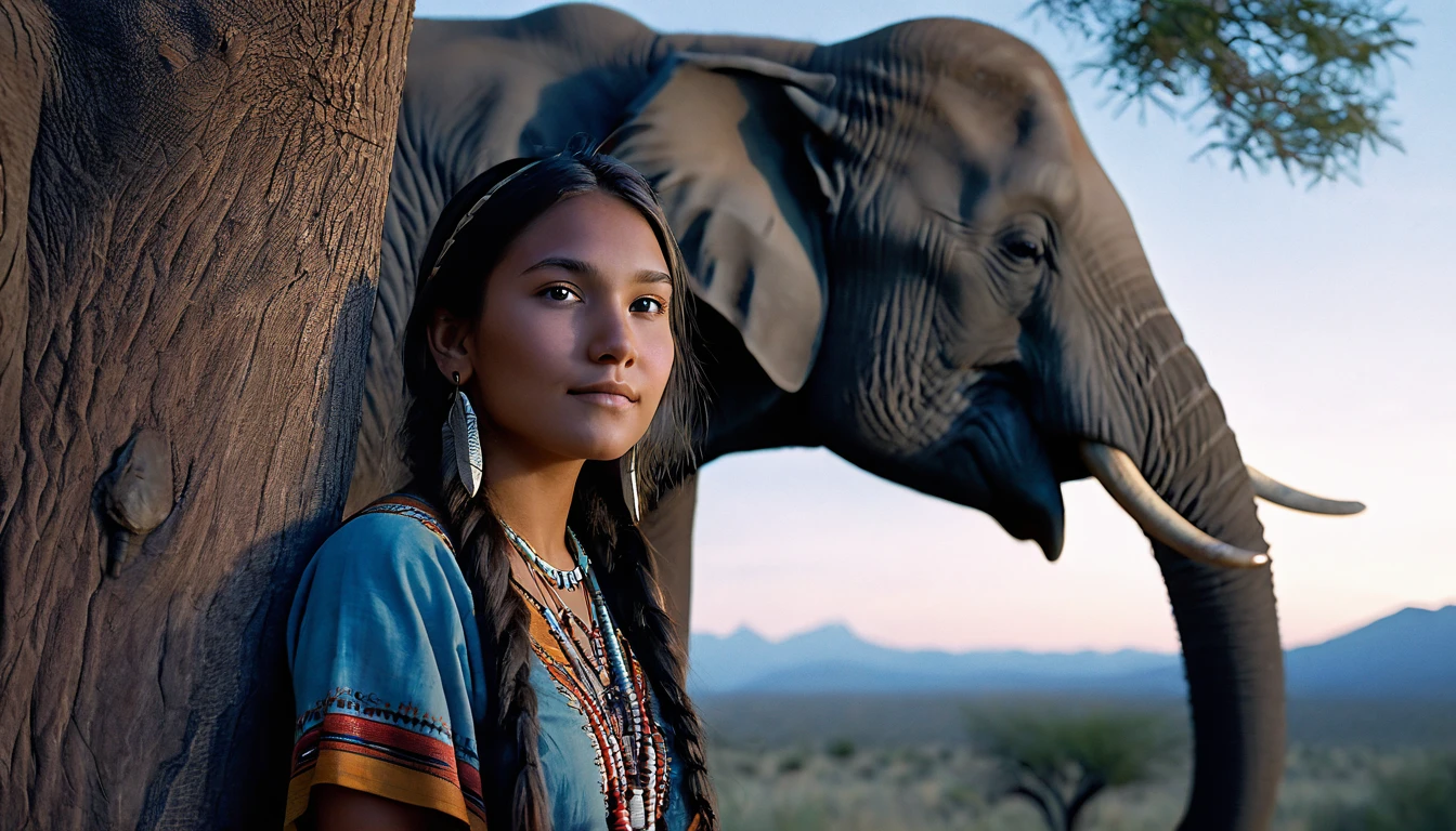 (grainy:0.5), cinematic, beautiful girl 25 year old,native american,fantasy,(solo:1.3), detailed eyes, detailed face, detailed native american clothing , volumetric lighting, dusk, extremely detailed background, standing next to tree and mountain, smiling, half closed eyes, tilted head, from side, sitting next to her elephant