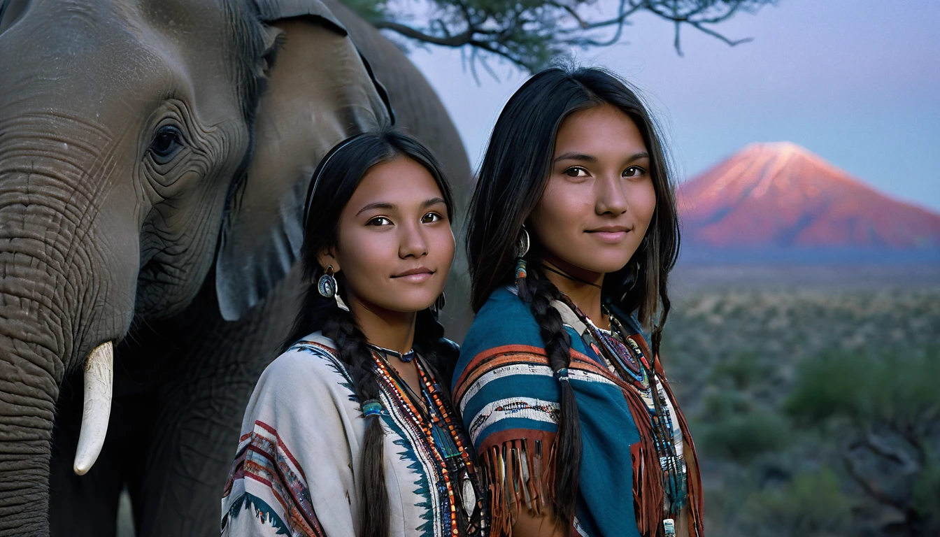 (grainy:0.5), cinematic, beautiful girl 25 year old,native american,fantasy,(solo:1.3), detailed eyes, detailed face, detailed native american clothing , volumetric lighting, dusk, extremely detailed background, standing next to tree and mountain, smiling, half closed eyes, tilted head, from side, sitting next to her elephant