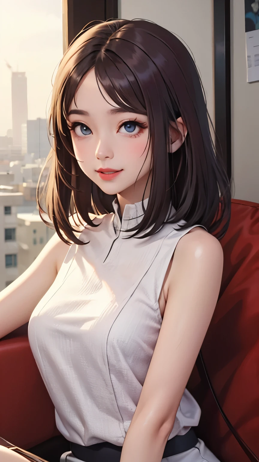 blush a little and smile, (Top quality masterpiece:1.2) Delicate illustrations, Very detailed, /Beautiful Japanese Women、1 person,Very cute and slim、Great style 、((8K images、super high quality))、Very delicate face, Skin and Hair、beautifule forehead、Red lipstick、(((((Long Hair、Light brown hair、lure))))),Very cute Japanese cut face、Eyes and nose are clearly visible、Kind eyes,((((Sleeveless fashion))))