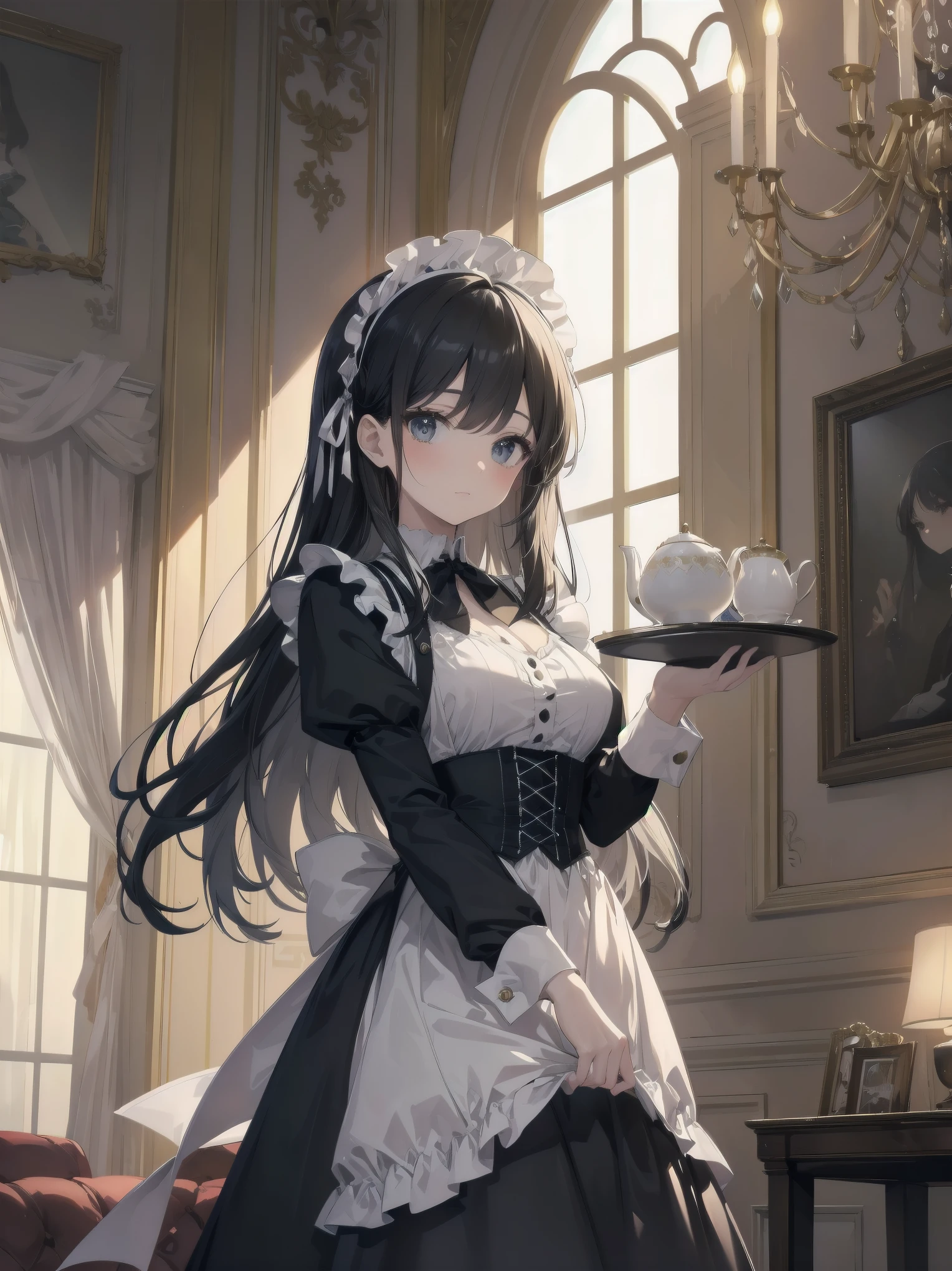 Illustration of a beautiful girl in a cute pose,(Masterpiece: 1.2), (Best quality: 1.2), A cute girl with long black hair, dressed in a classic black and white maid outfit with frilly lace and a matching headband, is standing in a beautifully decorated Victorian-style parlor. She is holding a silver tray with a teapot and teacup, her expression a mix of professionalism and warmth. The background includes ornate furniture, a chandelier, and large windows with heavy drapes, all bathed in soft afternoon light. This illustration emphasizes the elegant and welcoming atmosphere of a high-class tea service