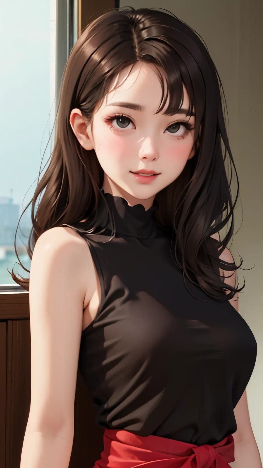 blush a little and smile, (Top quality masterpiece:1.2) Delicate illustrations, Very detailed, /Beautiful Japanese Women、1 person,Very cute and slim、Great style 、((8K images、super high quality))、Very delicate face, Skin and Hair、beautifule forehead、Red lipstick、(((((Mid-length hair、Brown Hair))))),Very cute Japanese cut face、Eyes and nose are clearly visible、Kind eyes,((((Sleeveless fashion))))