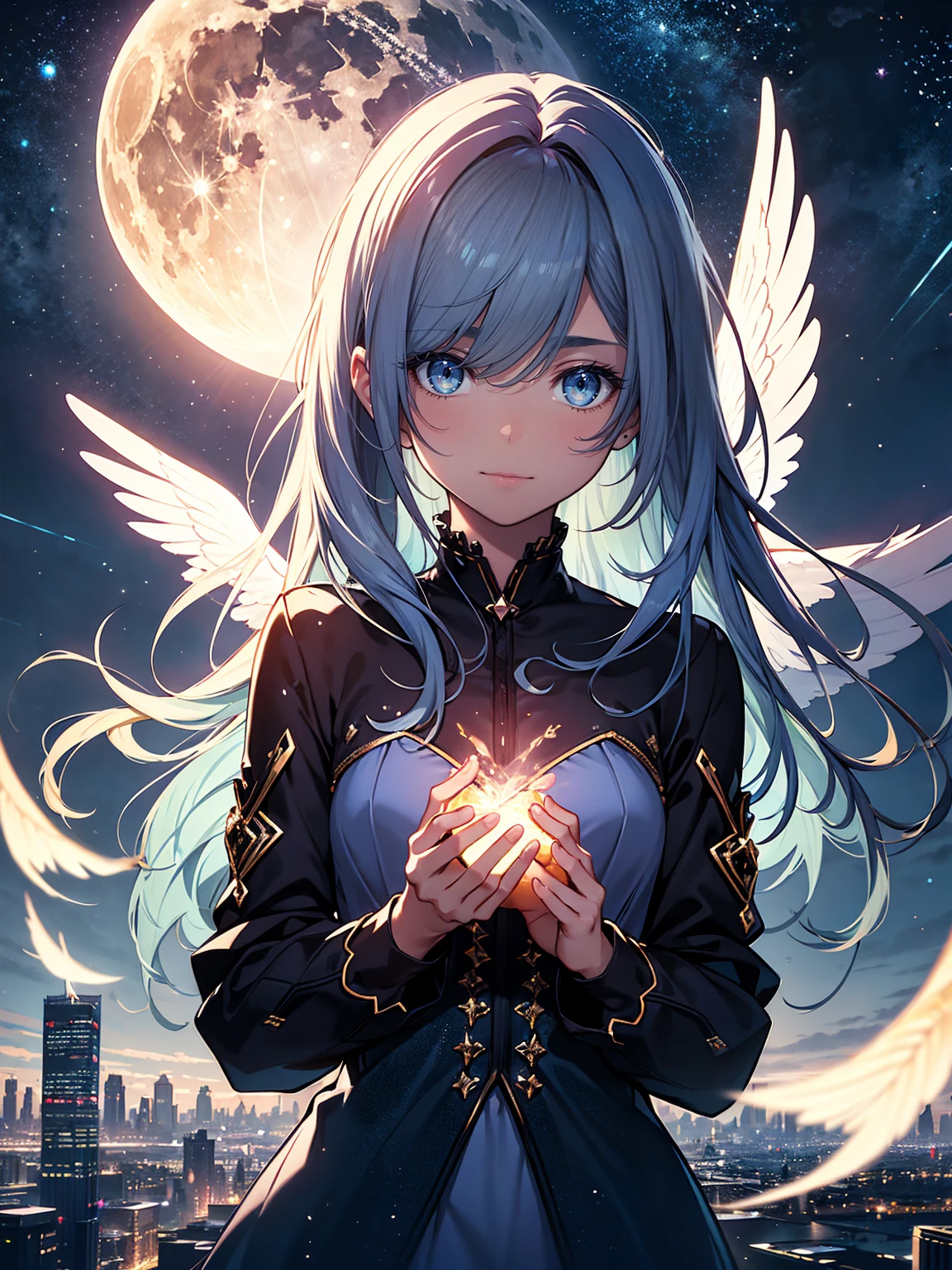 RAW Photos, Realistic, Ultra-realistic, RAW Photos, Realistic, celestial 16-year-old angel girl, large transparent glowing blue glass wings, spreading wide, simple dress, floating in the night sky, beautiful stars and moon, bright blue city lights below, looking up, viewed from above, all elements glowing blue, world-class illustration, award-winning, fantasy illustration, vivid hues, detailed and soft lighting, Highest quality, masterpiece, Ultra-high resolution, 8K, Highest quality, masterpiece, Ultra-high resolution, 8K
