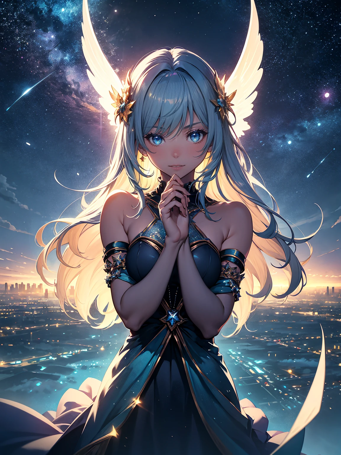 RAW Photos, Realistic, Ultra-realistic, RAW Photos, Realistic, celestial 16-year-old angel girl, large transparent glowing blue glass wings, spreading wide, simple dress, floating in the night sky, beautiful stars and moon, bright blue city lights below, looking up, viewed from above, all elements glowing blue, world-class illustration, award-winning, fantasy illustration, vivid hues, detailed and soft lighting, Highest quality, masterpiece, Ultra-high resolution, 8K, Highest quality, masterpiece, Ultra-high resolution, 8K