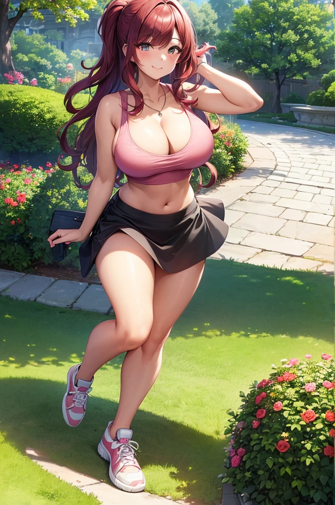 ((masterpiece, best quality, ultra-detailed)), 1girl, beautiful woman in park, smiling, blush, wearing pink tank top, loose tank top with visible bra, necklace, black midi pencil skirt, long black skirt, sneakers, full body, wavy red hair, wide hips, summer garden, park