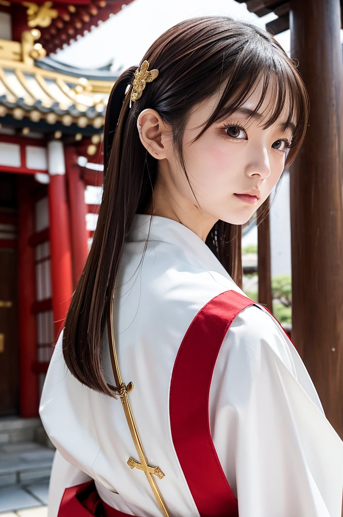 Japanese female priest、The costume is mainly white with red lines running down the shoulders.、Sideways、Holding a pair of silver thread scissors、Gold hair ornament on the back of the head、Dark brown hair、Straight Long Hair、In the temple grounds、Upper body close-up