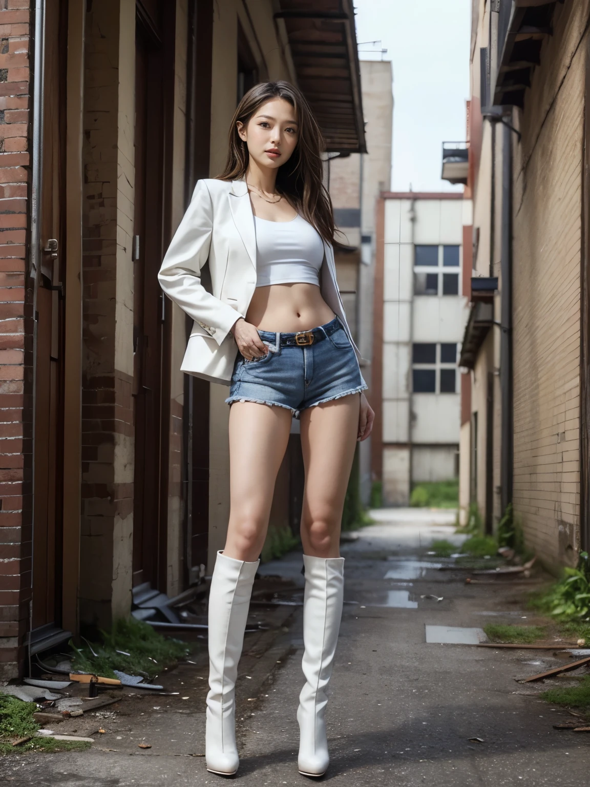 masterpiece,highest quality,High resolution,Full Body View,White jacket,Red innerwear,Belly button,Belted denim mini shorts,The heroine in white long boots with high heels,Perfect Legs,Perfect Skin,Perfect Arms,Abdominal muscles,The background is an abandoned factory