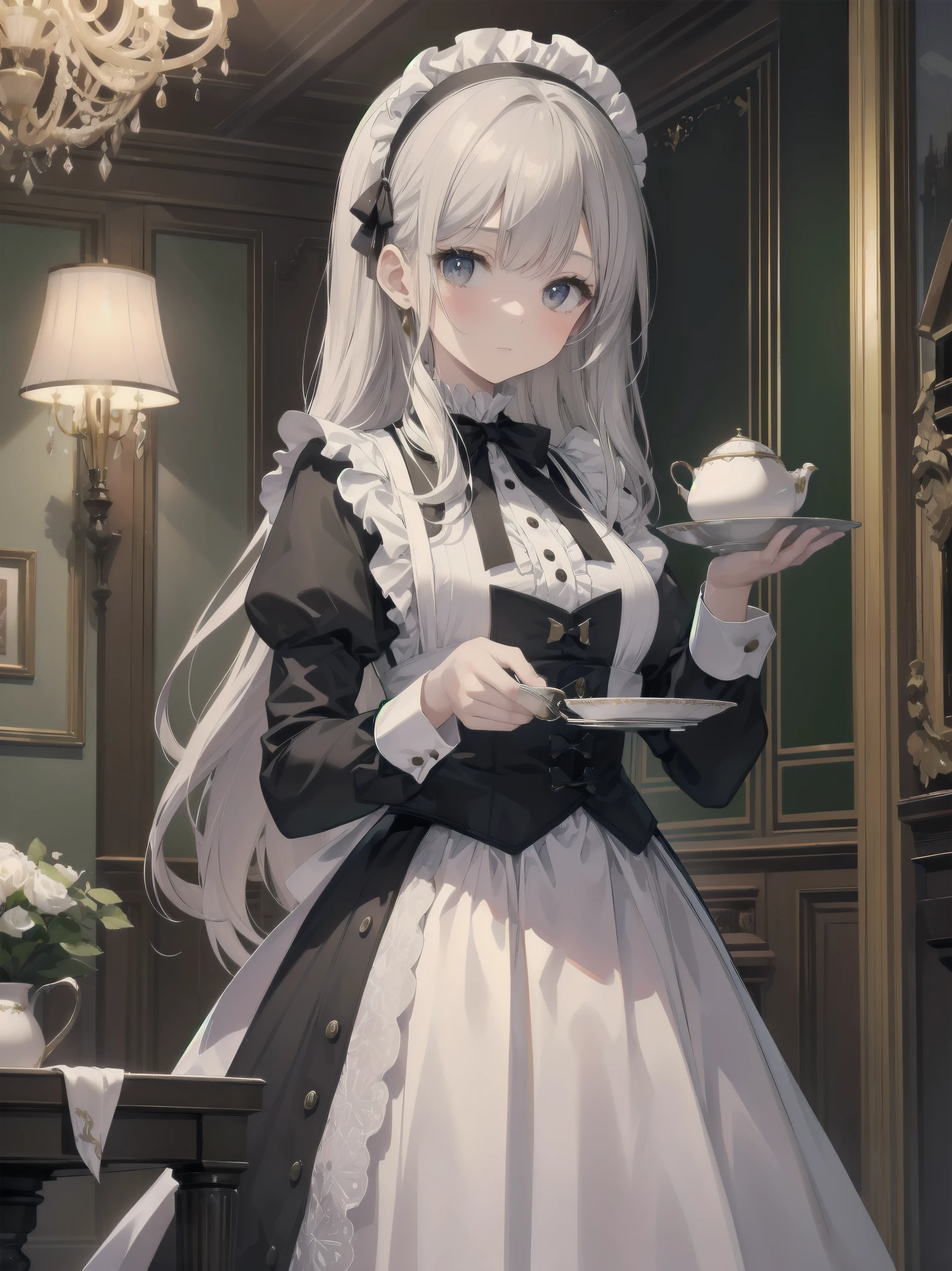 Illustration of a beautiful girl in a cute pose,(Masterpiece: 1.2), (Best quality: 1.2), A cute girl with long black hair, dressed in a classic black and white maid outfit with frilly lace and a matching headband, is standing in a beautifully decorated Victorian-style parlor. She is holding a silver tray with a teapot and teacup, her expression a mix of professionalism and warmth. The background includes ornate furniture, a chandelier, and large windows with heavy drapes, all bathed in soft afternoon light. This illustration emphasizes the elegant and welcoming atmosphere of a high-class tea service