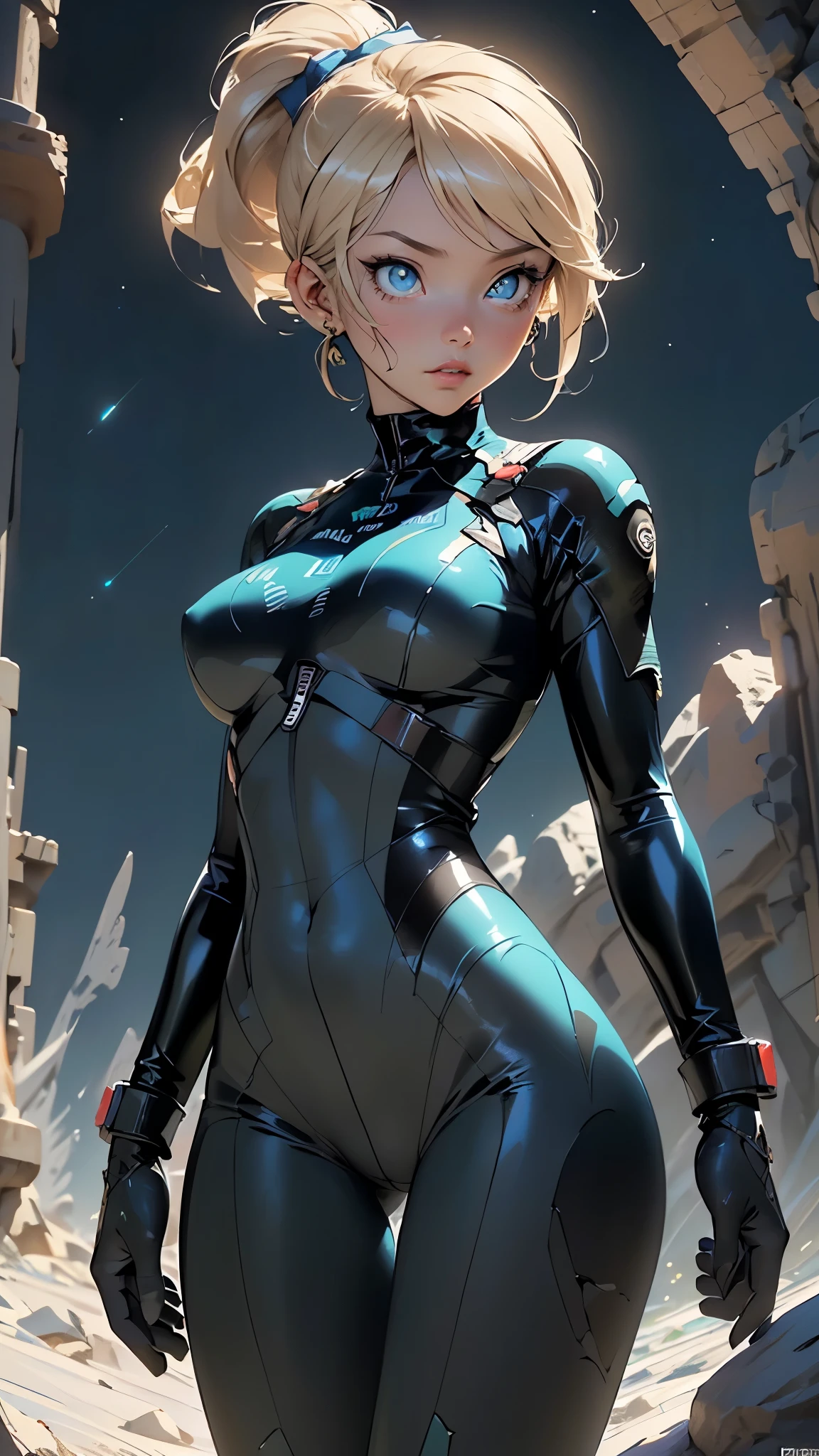 (((Samus Aran))),girl,1girl,metroid,Star Warrior Woman,sexy Samus Aran,
(large breasts:1.5),busty,close-up of the chest,((((ponytail, hair bow,blonde hair,high ponytail,)))),(((blue_eyes:1.3,blue pupils))),intricate eyes,beautiful detailed eyes,symmetrical eyes,((((tan,dark skin,black skin:1.35,dark-skinned_female,dark skin:1.3,ebony skin,lustrous skin:1.5,bright skin: 1.5,shiny skin,very shiny skin,shiny body)))),(spider lower abdomen,narrow waist,wide hip,athletic body,inflated legs,thick thighs),(((detailed face))),beautiful detailed lips,perfect face,pretty face,(((adult))),big thighs, shapely thighs,
cute,slutty,sensual,seductive look,seductive,((erotic)),(((nsfw))),sexy facial expressions,seductive facial expressions,
blue bodysuit,((wears her tight light blue latex bodysuit)),wears tight clothing,dressed in a blue bodysuit,blue bodysuit,
dynamic and seductive pose,looking at viewer,embarrassed,centered,scale to fit dimensions,Rule of thirds,
((Fantastical Bridge Ancient:1.5, dark stone-built, Glowing blue:1.5)),((Starry sky,Unknown constellations)),(Night, Silence,Mystery),((Dark tones in the background)),((broken earth,asteroid field:1.5)),(jagged dark rocks boulders and debris shooting into the air:1.3),Extraterrestrial scenery,dark asteroid belt,surrounded by several dark asteroids glowing with fiery auras, vast and mysterious universe,cosmic landscape,mysterious planet,scenery:1.25,((intricate scenery)),(black background, stars that do not shine, sense of space),
(Glossy Ancient ornaments),highres,sharp focus,(ultra detailed,extremely detailed),(photorealistic artwork:1.37),(extremely detailed CG unity 8k wallpaper),(((vibrant colors,vibrant theme))),(intricate),(masterpiece),(best quality),artistic photography,(photography taken by sldr),(intricate background),perfect rendered face,perfect face details,realistic face,photo realistic,((intricate detail)),(((realism))),