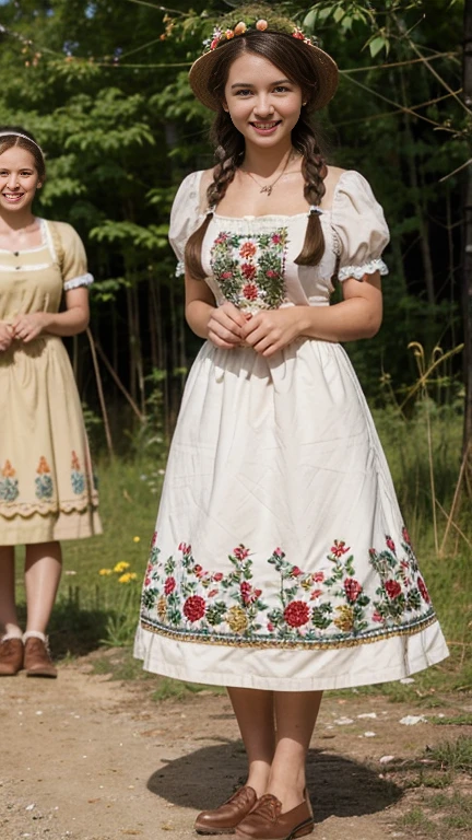 front view, stand on grass, looking at viewer, female 20 years-old, (brown hair ,double braid, smile), flower crown, slime body, traditional German costumes from the 1930s. (The women are wearing embroidered Dirndls, which include a close-fitting bodice with a low neckline, a blouse worn under the bodice), (Black wide high-waisted skirt, An ankle-length skirt ), (White apron, flower arrange embroidered apron), tradition shoes, The setting is a rural village during a festival, with people engaging in traditional activities and celebrating their heritage .textured skin , HI detailed skin, (foreshortening, Canon, 8K, anatomically correct, super detail, high details, highness)