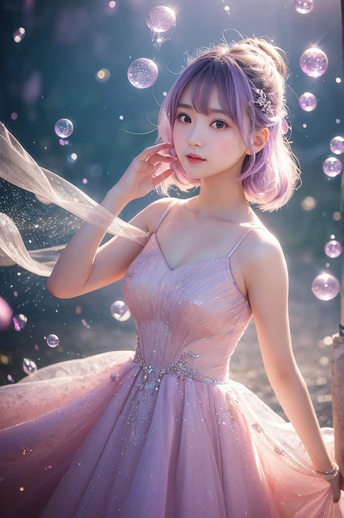 This image contains、It depicts a beautiful Japanese girl surrounded by a fantastical background.。The background is filled with pale pink and purple light.、It creates an atmosphere that makes you feel like you are in a dream.。The beautiful girl is wearing a thin white outfit.、The costume reflects the light and sparkles.。The thinness of the costume beautifully accentuates the lines of the body.、It further enhances the fantastic atmosphere.。
The beautiful girl has light purple hair、Softly spreads、It shines with light。Her pose is elegant、She is leaning forward slightly and looking towards me.、She has a soft and seductive look。
As a photographic technique、The contrast of light and shadow is very realistic.、The texture of the clothes and hair in particular is depicted in great detail.。Background light effects、The way the soap bubbles fly is also depicted in great detail.、Overall, a fantastic and beautiful scene has been completed.。The vertical composition emphasizes the beautiful girl's figure.、The fantastic light in the background creates a super-realistic, photo-realistic texture.。