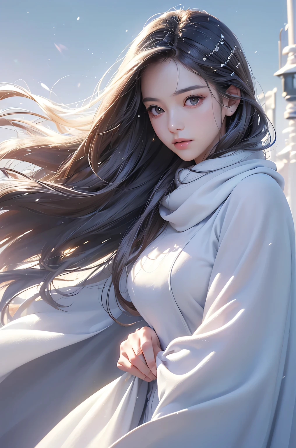 ((masterpiece:1.5、8k、Portraiture、Photorealistic and very detailed CG、Very detailed、Particle Effects、Dynamic Effects、Shallow depth of field、Cinematic Light、Lens flare、Ray Tracing、Tabletop、Realistic:1.4、Ultra-high resolution:1.2、Realistic、Realistic))((alone、,A woman wearing a cashmere coat over an off-the-shoulder dress:1.4、wear a long scarf、Elegant woman posing、Detailed face、brightexpression、young, bright, Whiter skin、Ample breasts、Best Looks、Ultimate beauty、Shiny silver hair with highlights、bright and shiny hair,、Super long, Silky straight hair、Hair dancing in the wind))(morning、The setting is outdoors in the snow、Surrounded by illuminations)
