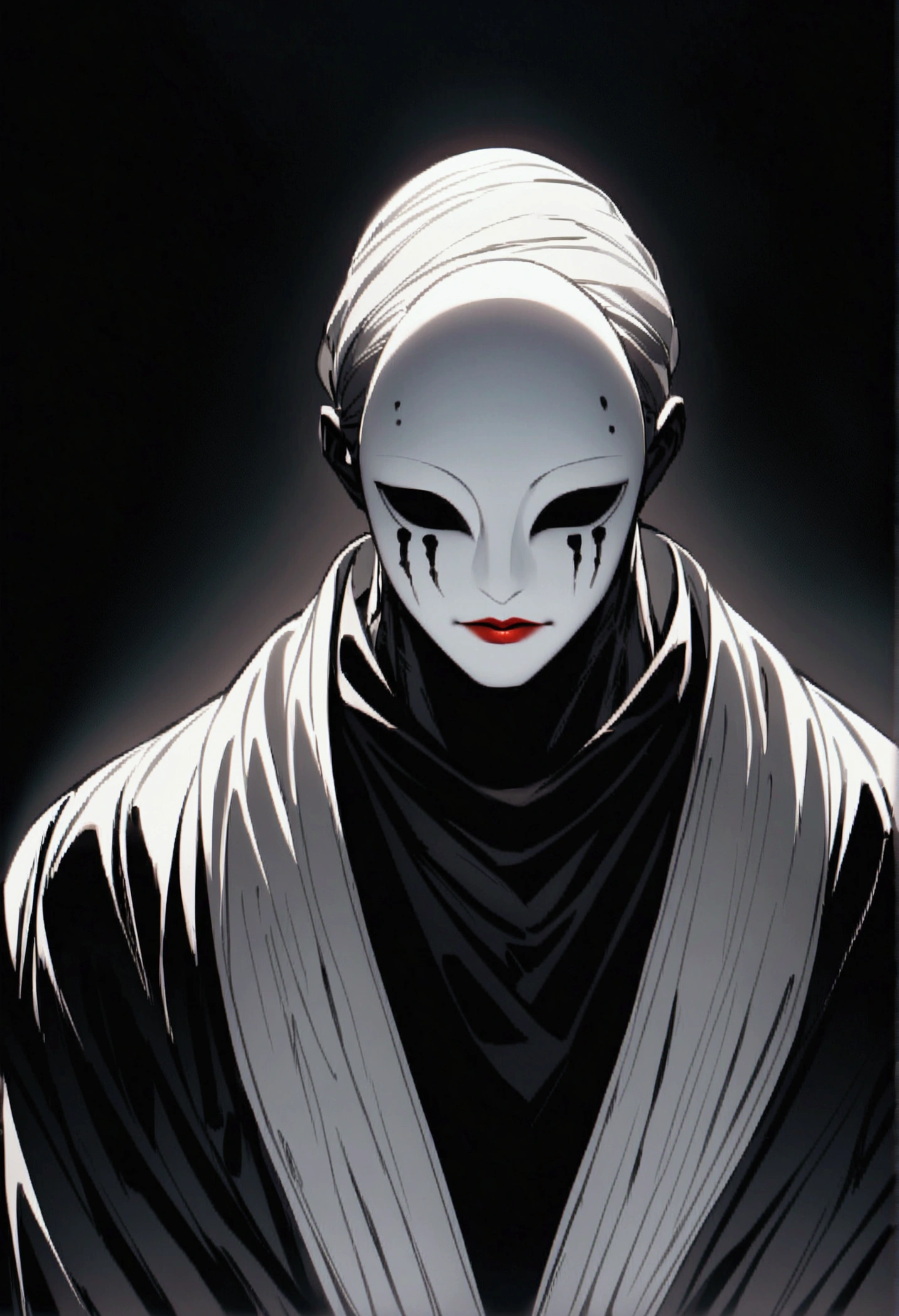 A terrifying image appears a completely dark humanoid muscular entity with a white mime mask with black marks on the mask, neutral expression divided in 2 by a black line with red lips without eyes, his clothing is a white shirt and underneath a black sleeved shirt. long on a black background 