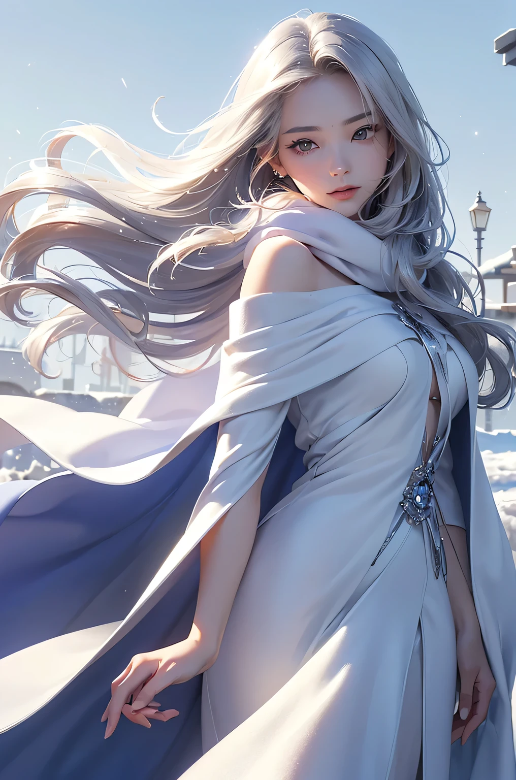 ((masterpiece:1.5、8k、Portraiture、Photorealistic and very detailed CG、Very detailed、Particle Effects、Dynamic Effects、Shallow depth of field、Cinematic Light、Lens flare、Ray Tracing、Tabletop、Realistic:1.4、Ultra-high resolution:1.2、Realistic、Realistic))((alone、,A woman wearing a cashmere coat over an off-the-shoulder dress:1.4、wear a long scarf、Elegant woman posing、Detailed face、brightexpression、young, bright, Whiter skin、Ample breasts、Best Looks、Ultimate beauty、Shiny silver hair with highlights、bright and shiny hair,、Super long, Silky straight hair、Hair dancing in the wind))(morning、The setting is outdoors in the snow、Surrounded by illuminations)
