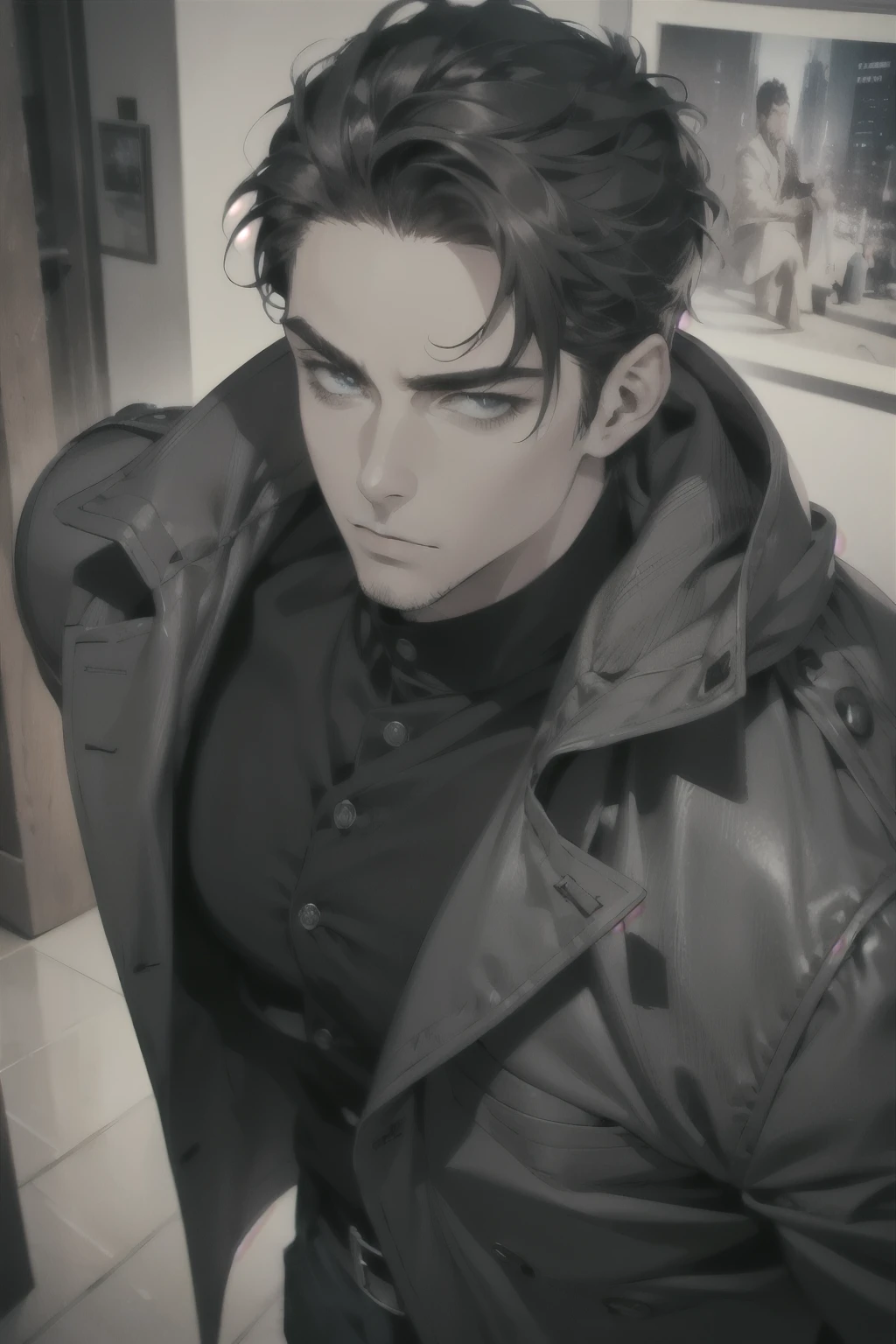 (Best Quality,4k,8k,High resolution,masterpiece:1.2),ultra detailed,(realist,photorealist,photo-realist:1.37),1 man,31 years,mature man,very handsome,big body,muscular,without expresion,short gray black hair,blue eyes,glare,black collared coat,perfect face without mistakes,imposing posture,cinematic lighting,imagen HDR