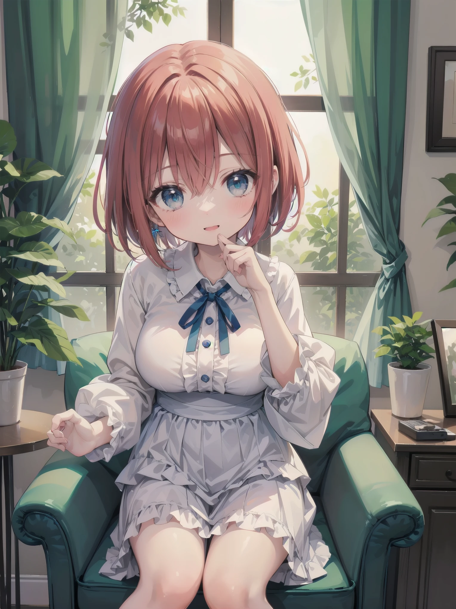 Scene Description: - Composition: Portrait. Focus on the face. Shot from the front. - Subject: Cute girl. (Chibi:1.1). Real person. - Features: - Face: (Cute round face:1.2). - Eyes: Detailed dark blue eyes. - Hair: One-leg bob-cut hair down the front with a large ribbon hairpiece, (golden hair), (red inner hair), auburn hair, hair between the eyes. - Body: Detailed slender body. Large breasts. - Clothing: Pink ruffled blouse, flares, blue ribbon tie, long ruffled sleeves, layered skirt. - Expression: happy expression. Mouth open. - Pose: head tilted back. She is looking at the viewer. - Background: living room of a trendy café. - Elements: Houseplants. Cute pastel sofa. Cute pastel curtains. Cute pastel-colored wallpaper. Time: Daytime. Lighting: (Natural light: 1.4). Art Style: Watercolor. Traditional media. Quality: Intricate details. Highly detailed. Outstanding complexity. (Masterpiece: 1.2). (Highest quality: 1.2). (Absurd absolute resolution: 1.4). Mood: Calm,