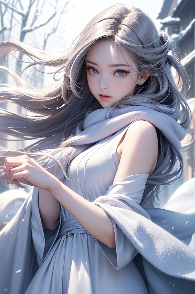((masterpiece:1.5、8k、Portraiture、フォトリアリスティックでVery detailedなCG、Very detailed、Particle Effects、Dynamic Effects、Shallow depth of field、Cinematic Light、Lens flare、Ray Tracing、Tabletop、Realistic:1.4、Ultra-high resolution:1.2、Realistic、Realistic))((alone、,A woman wearing a cashmere coat over an off-the-shoulder dress:1.4、wear a long scarf、Elegant woman posing、Detailed face、bright表情、young, bright, Whiter skin、Ample breasts、Best Looks、Ultimate beauty、Shiny silver hair with highlights、bright and shiny hair,、Super long, Silky straight hair、Hair dancing in the wind))(morning、The setting is outdoors in the snow、Surrounded by illuminations)