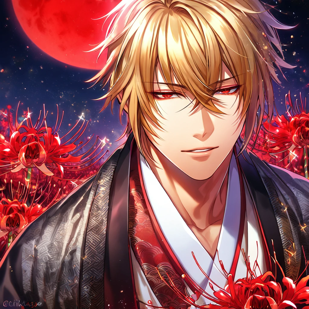 absurdres, highres, ultra detailed, HDR, master piece, best quality, extremely detailed, Kazama Chikage, honey blonde hair, expressive red eyes, Hakuouki, solo, sexy man, handsome, sensual, black haori, white kimono, brown and red collar, fantasy, red blood water, sparkling, red glittering fireflies, red moon, red blossoms, red spider lilies, red sparkling lights, starry sky, magical