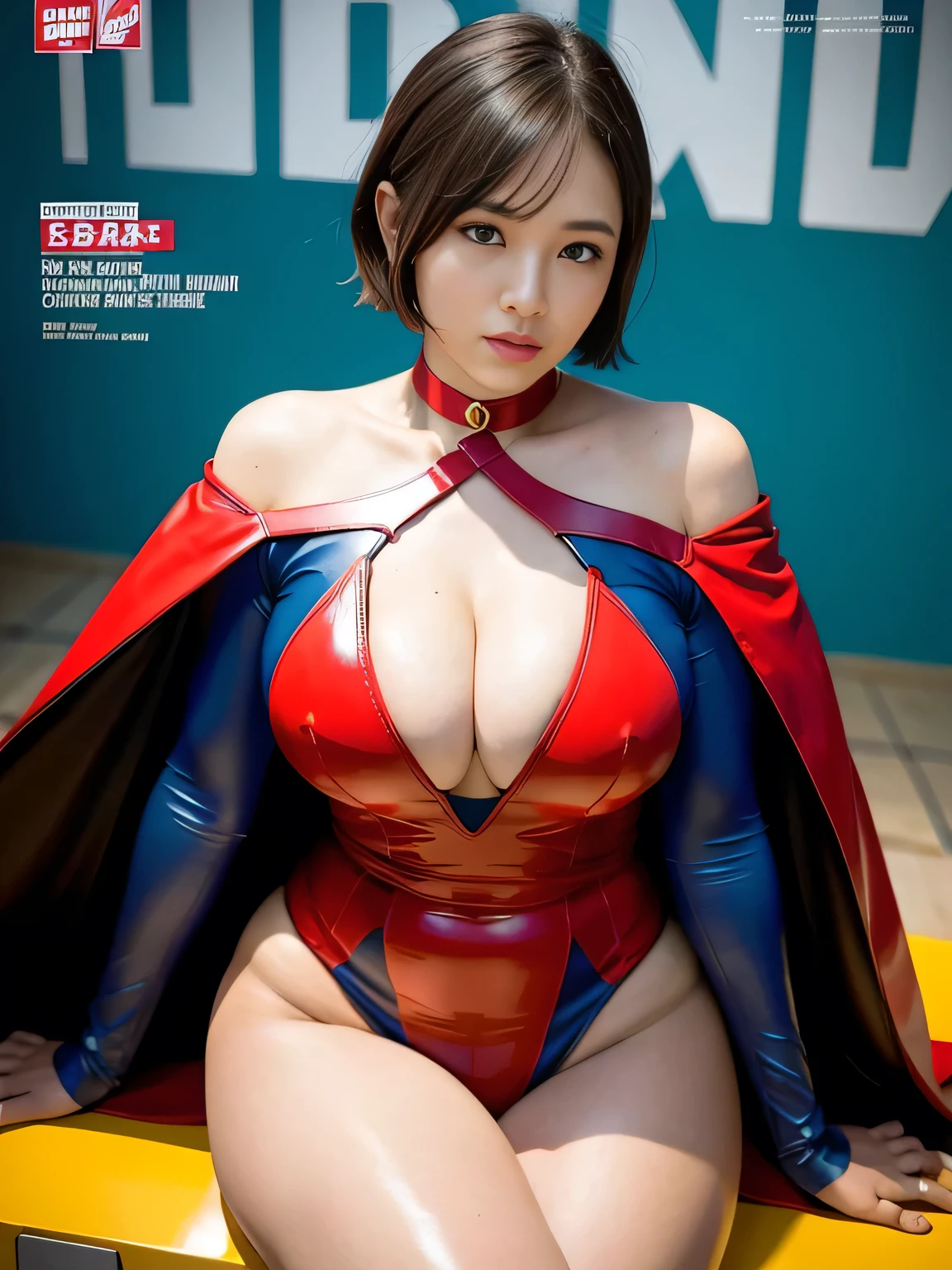 masterpiece、Rubber Supergirl Costume、short hair、Rubber Long Boots、Big and ample breasts、shiny sweaty skin、looking at the camera、choker、Long sleeve、Sexy poses to seduce、Off the shoulder、latex、From the front、Uplifting、High leg leotard、Cape、Sexy legs、Photo magazine cover、Boasting beautiful legs、wallpaper for pc、