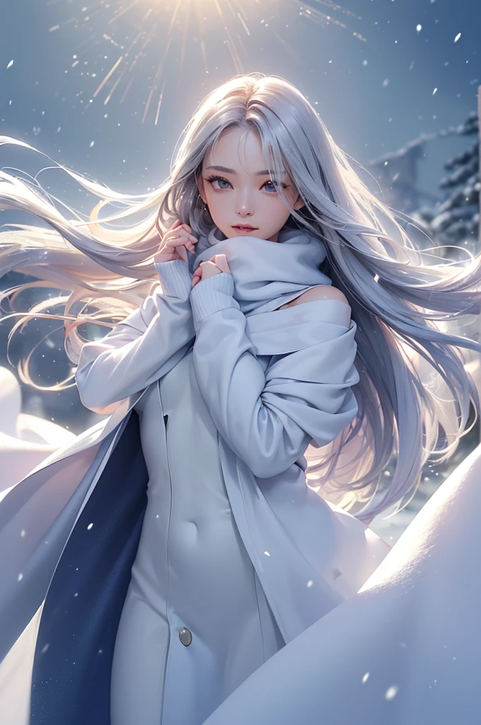 ((masterpiece:1.5、8k、Portraiture、フォトリアリスティックでVery detailedなCG、Very detailed、Particle Effects、Dynamic Effects、Shallow depth of field、Cinematic Light、Lens flare、Ray Tracing、Tabletop、Realistic:1.4、Ultra-high resolution:1.2、Realistic、Realistic))((alone、,A woman wearing a cashmere coat over an off-the-shoulder dress:1.4、wear a long scarf、Elegant woman posing、Detailed face、bright表情、young, bright, Whiter skin、Ample breasts、Best Looks、Ultimate beauty、Shiny silver hair with highlights、bright and shiny hair,、Super long, Silky straight hair、Hair dancing in the wind))(morning、The setting is outdoors in the snow、Surrounded by illuminations)