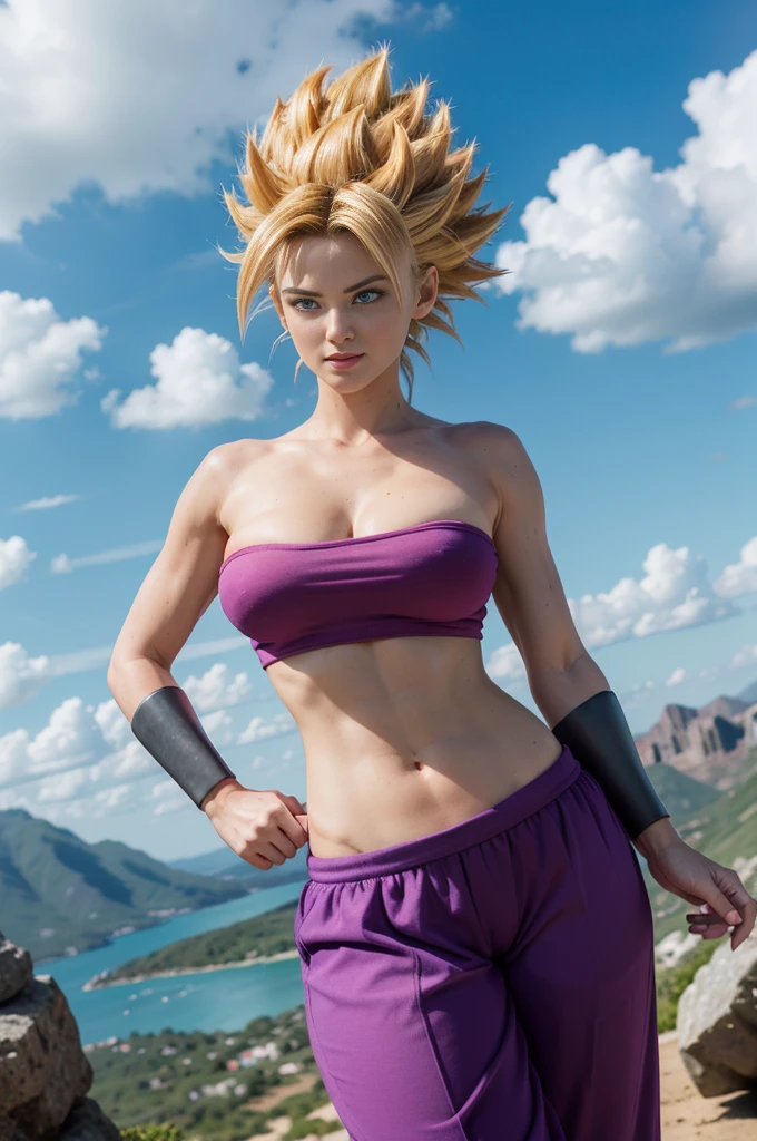 masterpiece, best quality, ultra realistic, detailed skin, detailed hair, detailed body and face, (ssjcaulifla) ,beautyful face, sexy,blonde hair, aqua eyes,pink tube top, purple pants, bracers, looking at viewer, smile, furrowed brow, hands to hips, sky, clouds, big breasts