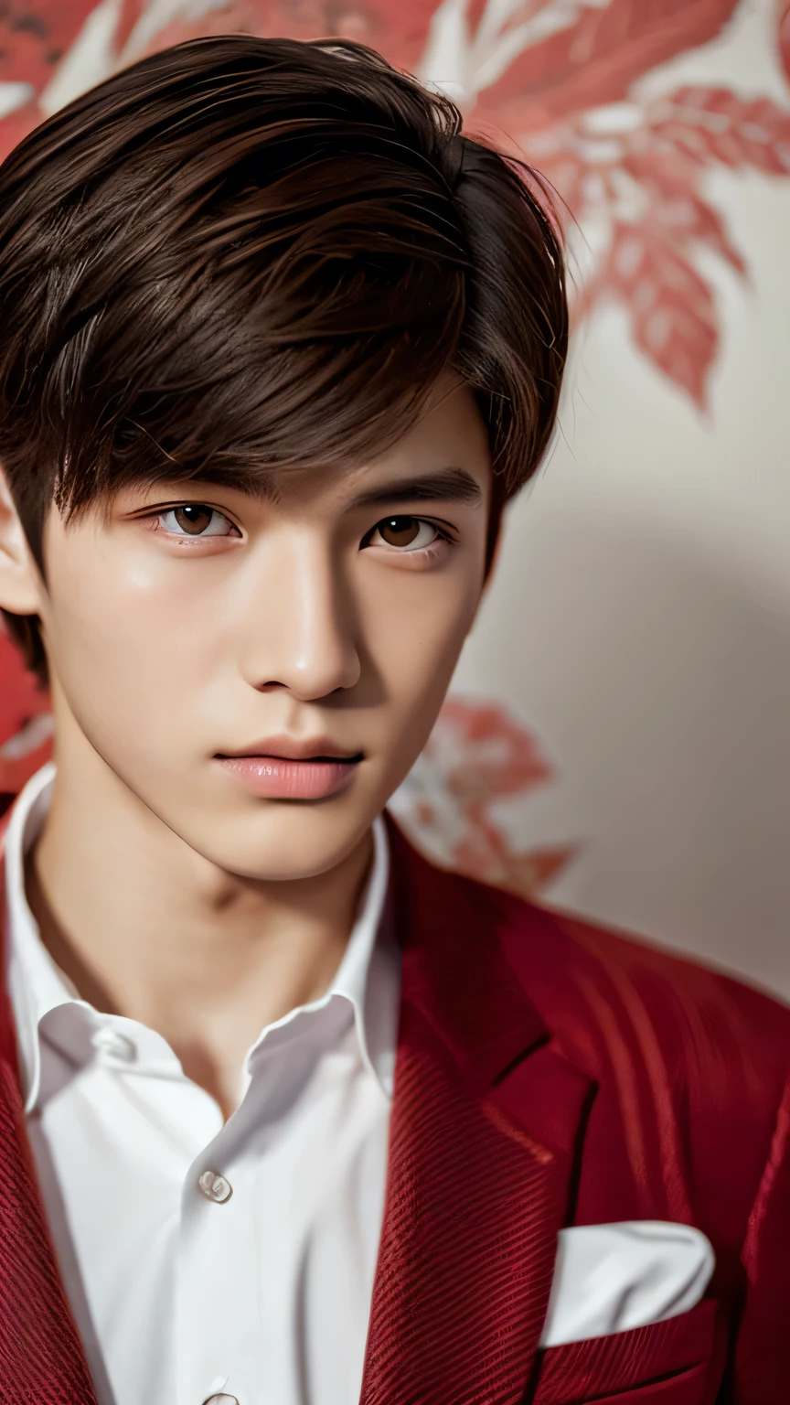Highest quality, masterpiece, Ultra-high resolution, (Realistic: 1.4), Original photo, wallpaper, Head Photo, skin, Simple Background, Iris, detailed, Selfie, 1 boy, 18-year-old, good looking, Wind,Red suit