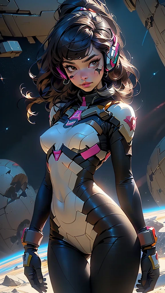 (((d.va,d.va (overwatch),deeva \(overwatch 2 version\), d.va /(overwatch 2/),))),girl,1girl,robot,

(large breasts:1.5),busty,close-up of the chest,((((ponytail, brown hair,swept bangs,long hair)))),(((brown_eyes:1.3))),intricate eyes,beautiful detailed eyes,symmetrical eyes,((((lustrous skin:1.5,bright skin: 1.5,shiny skin,very shiny skin,shiny body)))),(spider lower abdomen,narrow waist,wide hip,athletic body,inflated legs,thick thighs),(((detailed face))),beautiful detailed lips,perfect face,pretty face,big thighs, shapely thighs,slim waist,
 
cute,slutty,sensual,seductive look,seductive,((erotic)),(((nsfw))),sexy facial expressions,seductive facial expressions,

(gloves,white gloves),((headphones)),((bunny print,writing clothes,white armor,bodysuit,pilot suit,ribbed bodysuit,shoulder pads,turtleneck,skin tight,blue bodysuit, long sleeves, )),((pink facial mark)),(pink hairband),(thighhighs),

dynamic pose,looking at viewer,embarrassed,centered,scale to fit dimensions,Rule of thirds,

((Fantastical Bridge Ancient:1.5, dark stone-built, Glowing blue:1.5)),((Starry sky,Unknown constellations)),(Night, Silence,Mystery),((Dark tones in the background)),((broken earth,asteroid field:1.5)),(jagged dark rocks boulders and debris shooting into the air:1.3),Extraterrestrial scenery,dark asteroid belt,surrounded by several dark asteroids glowing with fiery auras, vast and mysterious universe,cosmic landscape,mysterious planet,scenery:1.25,((intricate scenery)),(black background, stars that do not shine, sense of space),

(Glossy Ancient ornaments),highres,sharp focus,(ultra detailed,extremely detailed),(photorealistic artwork:1.37),(extremely detailed CG unity 8k wallpaper),(((vibrant colors,vibrant theme))),(intricate),(masterpiece),(best quality),artistic photography,(photography taken by sldr),(intricate background),perfect rendered face,perfect face details,realistic face,photo realistic,((intricate detail)),(((realism))),
