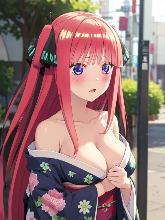 best quality, insanely detailed, nino nakano, kimono, breasts, blush, outdoor background, bare-shoulder