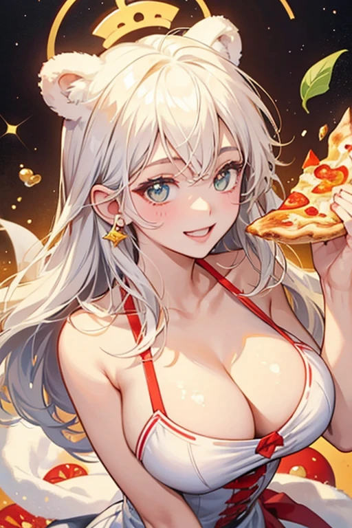 A white sauce pizza girl bear with a happy expression. One ear is covered in cheese, and her head is a large slice of tomato slice and a leaf peeking out from it. SPARKLE; GLITTER