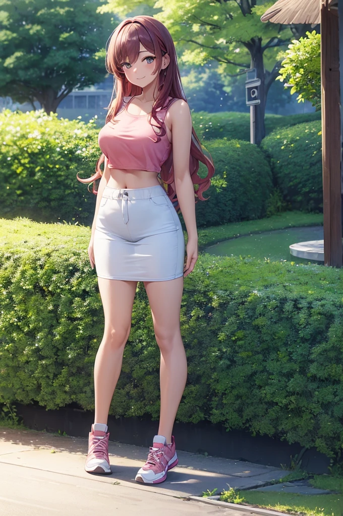 ((masterpiece, best quality, ultra-detailed)), 1girl, beautiful woman in park, smiling, blush, wearing pink tank top and headphones, midriff, black midi pencil skirt, sneakers, full body, wavy red hair, wide hips, summer garden, park