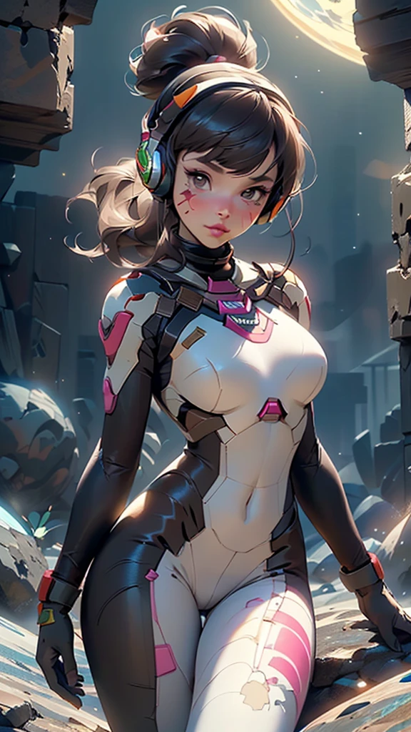 (((d.va,d.va (overwatch),deeva \(overwatch 2 version\), d.va /(overwatch 2/),))),girl,1girl,robot,
(large breasts:1.5),busty,close-up of the chest,((((ponytail, brown hair,swept bangs,long hair)))),(((brown_eyes:1.3))),intricate eyes,beautiful detailed eyes,symmetrical eyes,((((lustrous skin:1.5,bright skin: 1.5,shiny skin,very shiny skin,shiny body)))),(spider lower abdomen,narrow waist,wide hip,athletic body,inflated legs,thick thighs),(((detailed face))),beautiful detailed lips,perfect face,pretty face,big thighs, shapely thighs,slim waist,
cute,slutty,sensual,seductive look,seductive,((erotic)),(((nsfw))),sexy facial expressions,seductive facial expressions,
(gloves,white gloves),((headphones)),((bunny print,writing clothes,white armor,bodysuit,pilot suit,ribbed bodysuit,shoulder pads,turtleneck,skin tight,blue bodysuit, long sleeves, )),((pink facial mark)),(pink hairband),(thighhighs),
dynamic pose,looking at viewer,embarrassed,centered,scale to fit dimensions,Rule of thirds,
((Fantastical Bridge Ancient:1.5, dark stone-built, Glowing blue:1.5)),((Starry sky,Unknown constellations)),(Night, Silence,Mystery),((Dark tones in the background)),((broken earth,asteroid field:1.5)),(jagged dark rocks boulders and debris shooting into the air:1.3),Extraterrestrial scenery,dark asteroid belt,surrounded by several dark asteroids glowing with fiery auras, vast and mysterious universe,cosmic landscape,mysterious planet,scenery:1.25,((intricate scenery)),(black background, stars that do not shine, sense of space),
(Glossy Ancient ornaments),highres,sharp focus,(ultra detailed,extremely detailed),(photorealistic artwork:1.37),(extremely detailed CG unity 8k wallpaper),(((vibrant colors,vibrant theme))),(intricate),(masterpiece),(best quality),artistic photography,(photography taken by sldr),(intricate background),perfect rendered face,perfect face details,realistic face,photo realistic,((intricate detail)),(((realism))),