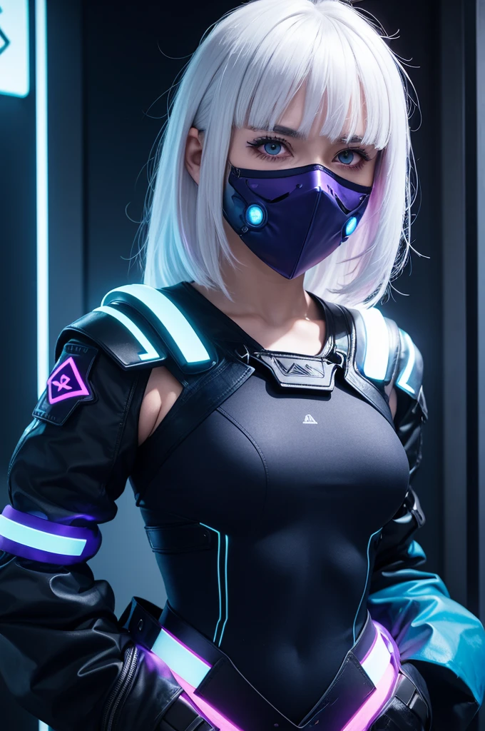 A character with white hair with bangs, eyes with purple neon lights illuminated, wearing a mask that covers the nose in navy blue. She wears a navy blue top, on the shoulders there are light blue neon lights