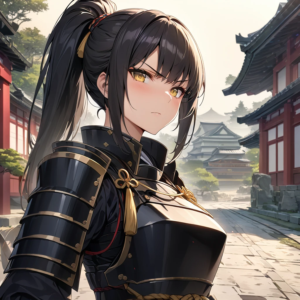 A woman wearing black heavy samurai armor with gold details, black hair, ponytail hair, yellow eyes, serious face, on an ancient Japanese road, Japanese palace in the background with sakura trees around, HDR, ultra resolution, very detailed, masterpiece, ultra quality, 4K HD. (solo, just one woman)
