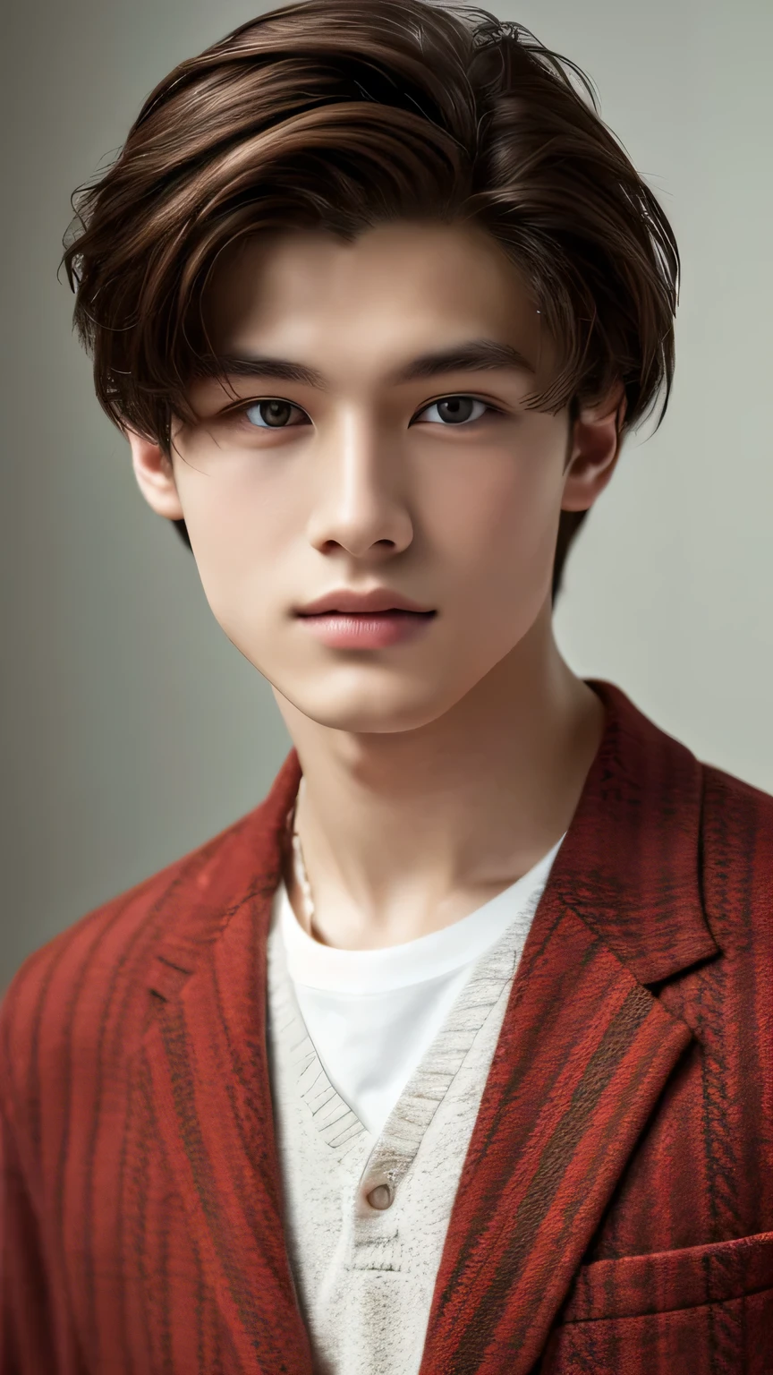 Highest quality, masterpiece, Ultra-high resolution, (Realistic: 1.4), Original photo, wallpaper, Head Photo, skin, Simple Background, Iris, detailed, Selfie, 1 boy, 18-year-old, good looking, Wind,Red suit