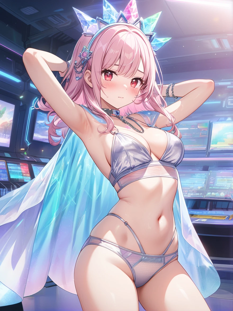 masterpiece, game CG, poster, highest resolution, official illustration, three-dimensional coloring, detailed Coloring, detailed description, artistic beauty, young, cute pose, pastel colors, navel, thighs, armpits, waist, transparent beauty, 1girl,solo,shy,closed_mouth,cute, young, facial features sharp Face, Rose pink blush on the cheeks, red eyes. Shining highlights eyes, Light pink hair, medium hair. Glossy and inwardly rolled hair. body shape Silhouette: Slim and toned figure. Big bust, slim waist, and soft hips. Smooth and transparent skin. skin color is light beige or ivory. 
tops
Shape: Asymmetric plunging bra top
Material: Metallic silver, translucent mesh
Decoration:
cloud cutout, holographic film
Chain strap, built-in LED light strip
Silicone pad, vibration feedback
bottoms
Shape: High leg bikini bottom
Material: Metallic silver, translucent mesh
Decoration:
Program code print, QR code pattern
LED light strip on waist, AI symbol mark
accessories
Intelligent Cape: Translucent Metallic Silk

Cloud and cord design, LED light strip
Intelligent headdress: silver chain, holographic crystals

Cloud-shaped decoration, vibration module
additional elements
Cloud choker: silver chain, holographic crystal beads

Breathing-linked vibration module
Cord anklet: silver chain, holographic crystal beads

Motion-linked vibration module