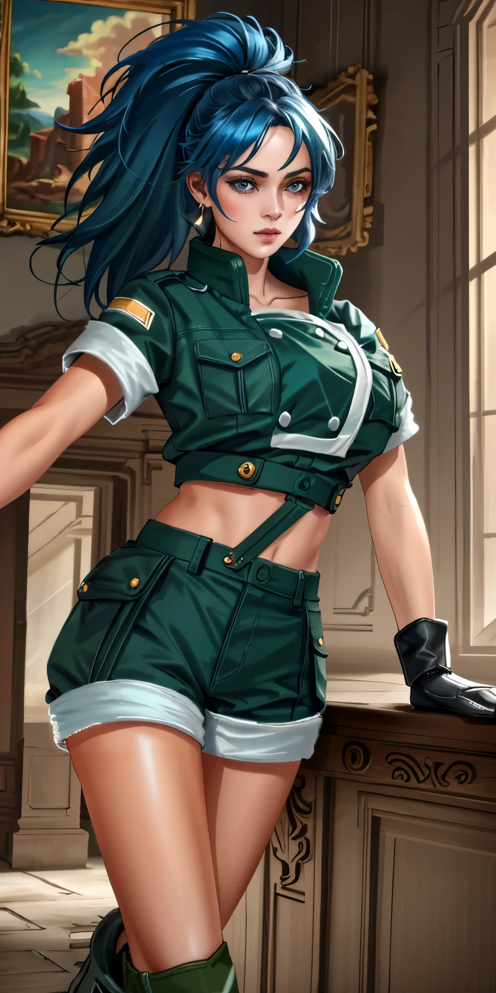 masterpiece,, best quality, highres, 1girl, leona heidern, blue hair, gloves, blue eyes, ponytail, boots, shorts, green shorts, midriff, crop top, black gloves, breasts, military uniform, green jacket, combat boots, earrings, jewelry, navel, large breasts, Ultra-high definition, UHD, HDR, (masterpiece: 1.5), (best quality: 1.5), beautiful, feminine, ultra-realistic face, RAW photo, (highly detailed skin: 1.2), 16k, soft lighting, high quality, film grain, Fujifilm XT3, .