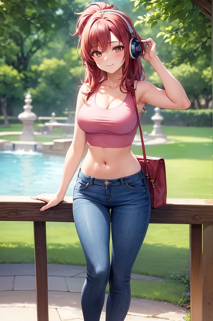 cleavage, sports bra, detailed face, colorful clothing, park, sky, trees, cleavage, 1girl, supermodel, woman, breasts, auburn long hair, masterpiece, best quality, shoes, full body, white background, studio, looking away
