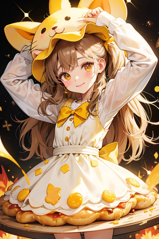 A light brown pizza girl bunny with a basic face. Her crust is on the bottom, while a lot of yellow gooey cheese covers her head and her left ear, adorned with sprinkles of Parmesan and oregano. She wears a cheddar bow. SPARKLE; GLITTER