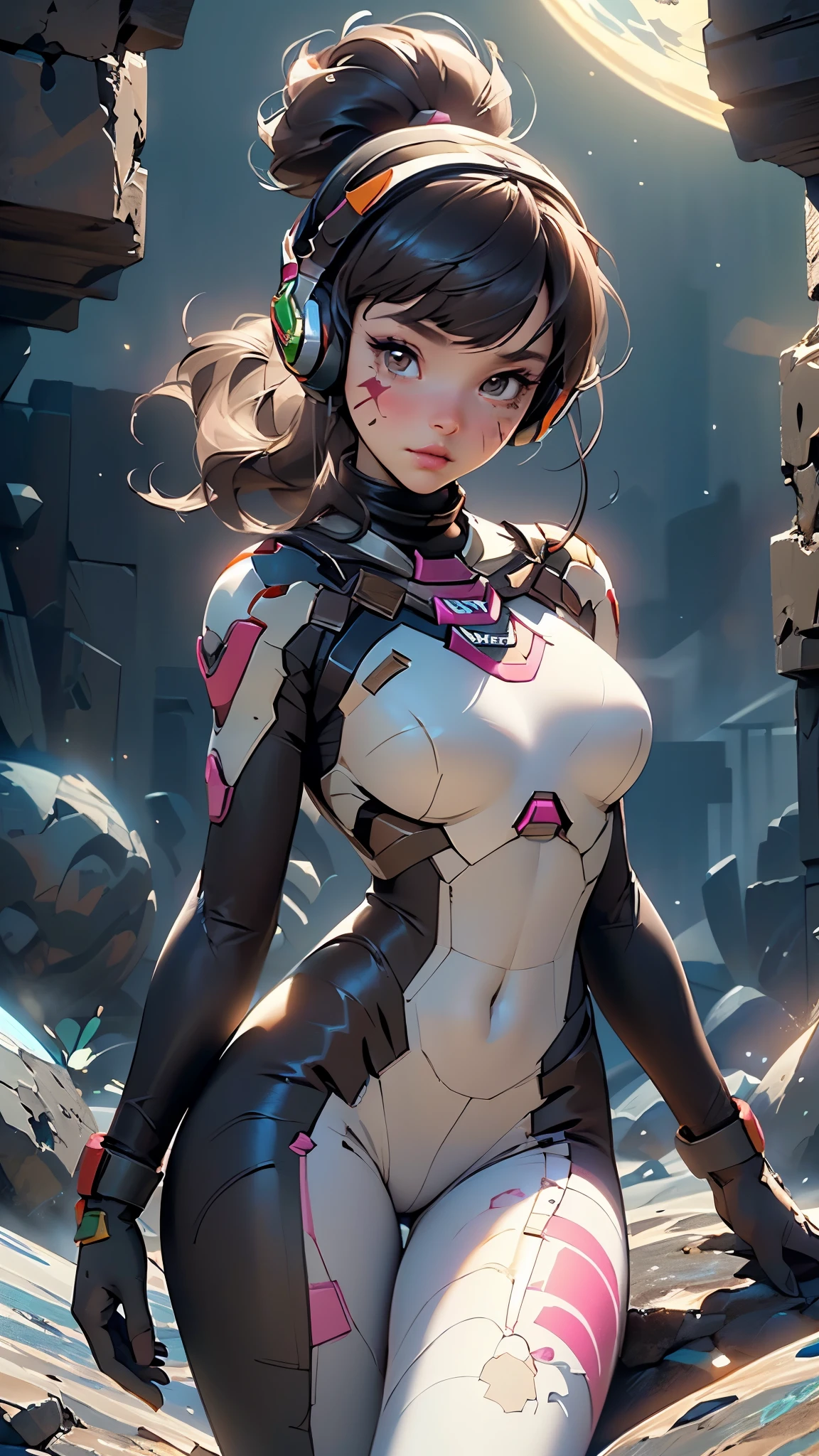 (((d.va,d.va (overwatch),deeva \(overwatch 2 version\), d.va /(overwatch 2/),))),girl,1girl,robot,
(large breasts:1.5),busty,close-up of the chest,((((ponytail, brown hair,swept bangs,long hair)))),(((brown_eyes:1.3))),intricate eyes,beautiful detailed eyes,symmetrical eyes,((((lustrous skin:1.5,bright skin: 1.5,shiny skin,very shiny skin,shiny body)))),(spider lower abdomen,narrow waist,wide hip,athletic body,inflated legs,thick thighs),(((detailed face))),beautiful detailed lips,perfect face,pretty face,big thighs, shapely thighs,slim waist,
cute,slutty,sensual,seductive look,seductive,((erotic)),(((nsfw))),sexy facial expressions,seductive facial expressions,
(gloves,white gloves),((headphones)),((bunny print,writing clothes,white armor,bodysuit,pilot suit,ribbed bodysuit,shoulder pads,turtleneck,skin tight,blue bodysuit, long sleeves, )),((pink facial mark)),(pink hairband),(thighhighs),
dynamic pose,looking at viewer,embarrassed,centered,scale to fit dimensions,Rule of thirds,
((Fantastical Bridge Ancient:1.5, dark stone-built, Glowing blue:1.5)),((Starry sky,Unknown constellations)),(Night, Silence,Mystery),((Dark tones in the background)),((broken earth,asteroid field:1.5)),(jagged dark rocks boulders and debris shooting into the air:1.3),Extraterrestrial scenery,dark asteroid belt,surrounded by several dark asteroids glowing with fiery auras, vast and mysterious universe,cosmic landscape,mysterious planet,scenery:1.25,((intricate scenery)),(black background, stars that do not shine, sense of space),
(Glossy Ancient ornaments),highres,sharp focus,(ultra detailed,extremely detailed),(photorealistic artwork:1.37),(extremely detailed CG unity 8k wallpaper),(((vibrant colors,vibrant theme))),(intricate),(masterpiece),(best quality),artistic photography,(photography taken by sldr),(intricate background),perfect rendered face,perfect face details,realistic face,photo realistic,((intricate detail)),(((realism))),