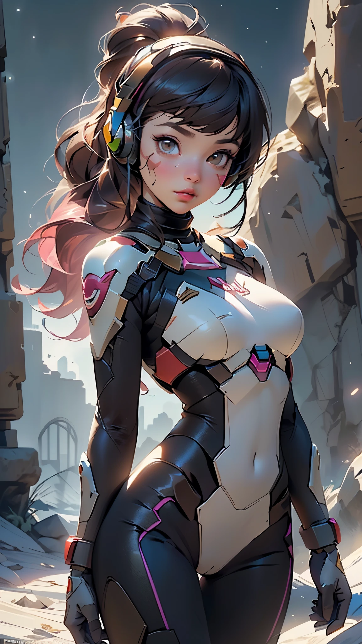 (((d.va,d.va (overwatch),deeva \(overwatch 2 version\), d.va /(overwatch 2/),))),girl,1girl,robot,

(large breasts:1.5),busty,close-up of the chest,((((ponytail, brown hair,swept bangs,long hair)))),(((brown_eyes:1.3))),intricate eyes,beautiful detailed eyes,symmetrical eyes,((((lustrous skin:1.5,bright skin: 1.5,shiny skin,very shiny skin,shiny body)))),(spider lower abdomen,narrow waist,wide hip,athletic body,inflated legs,thick thighs),(((detailed face))),beautiful detailed lips,perfect face,pretty face,big thighs, shapely thighs,slim waist,
 
cute,slutty,sensual,seductive look,seductive,((erotic)),(((nsfw))),sexy facial expressions,seductive facial expressions,

(gloves,white gloves),((headphones)),((bunny print,writing clothes,white armor,bodysuit,pilot suit,ribbed bodysuit,shoulder pads,turtleneck,skin tight,blue bodysuit, long sleeves, )),((pink facial mark)),(pink hairband),(thighhighs),

dynamic pose,looking at viewer,embarrassed,centered,scale to fit dimensions,Rule of thirds,

((Fantastical Bridge Ancient:1.5, dark stone-built, Glowing blue:1.5)),((Starry sky,Unknown constellations)),(Night, Silence,Mystery),((Dark tones in the background)),((broken earth,asteroid field:1.5)),(jagged dark rocks boulders and debris shooting into the air:1.3),Extraterrestrial scenery,dark asteroid belt,surrounded by several dark asteroids glowing with fiery auras, vast and mysterious universe,cosmic landscape,mysterious planet,scenery:1.25,((intricate scenery)),(black background, stars that do not shine, sense of space),

(Glossy Ancient ornaments),highres,sharp focus,(ultra detailed,extremely detailed),(photorealistic artwork:1.37),(extremely detailed CG unity 8k wallpaper),(((vibrant colors,vibrant theme))),(intricate),(masterpiece),(best quality),artistic photography,(photography taken by sldr),(intricate background),perfect rendered face,perfect face details,realistic face,photo realistic,((intricate detail)),(((realism))),
